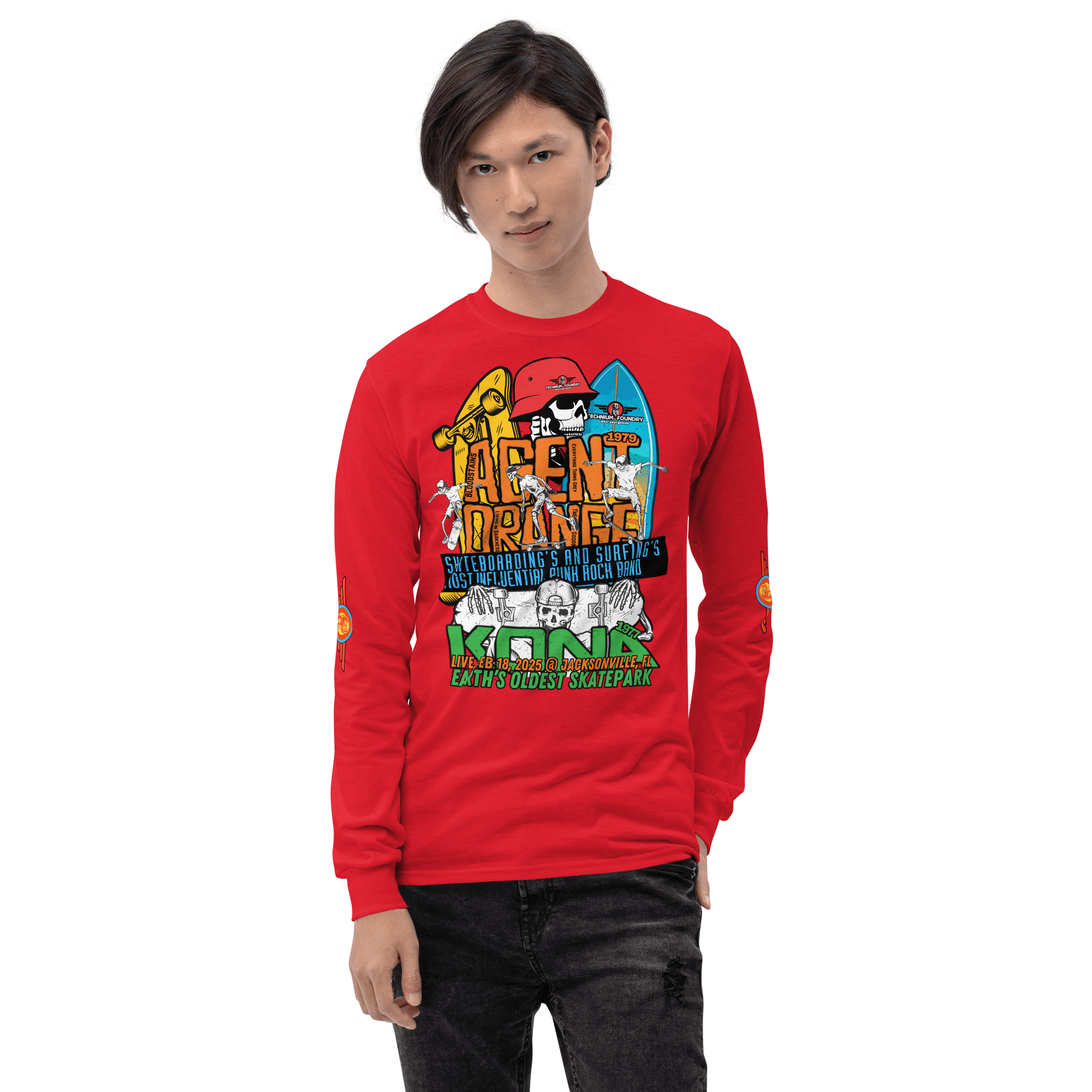 Person wearing Kona Agent Orange long sleeve skateboarding event T-shirt featuring vintage skatepark design and retro graphics.