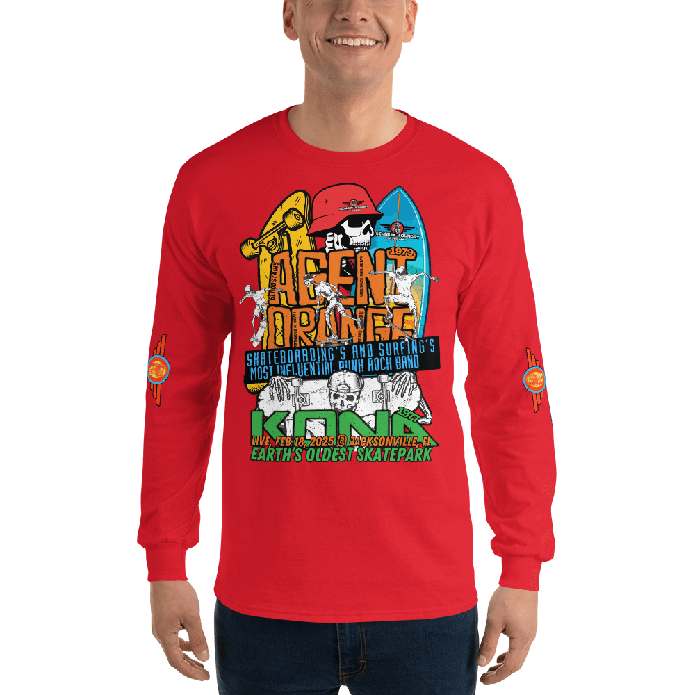 Agent Orange Kona long sleeve shirt with vintage skate and surf graphics celebrating Earth's oldest skatepark.
