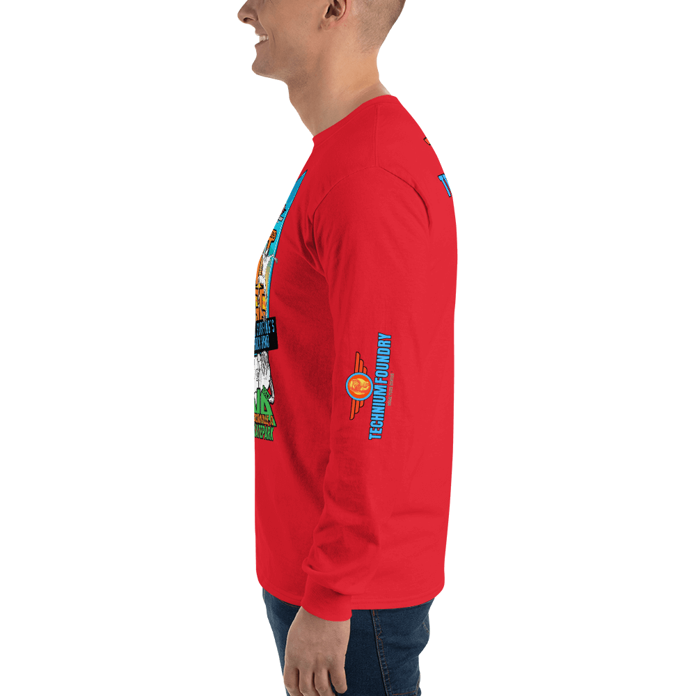 Side view of a red Kona Agent Orange long sleeve skateboarding t-shirt with vintage graphics, celebrating historic skatepark culture.