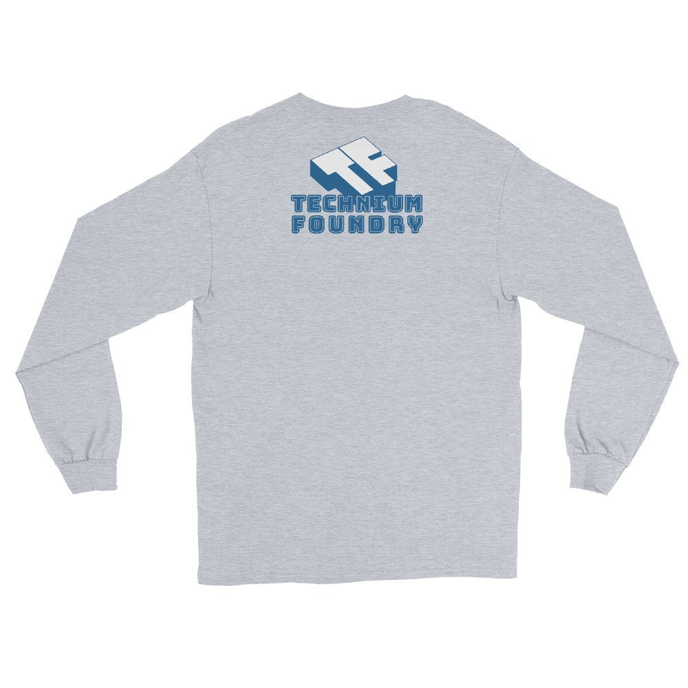 Grey long sleeve T-shirt with blue Technum Foundry logo on the back.