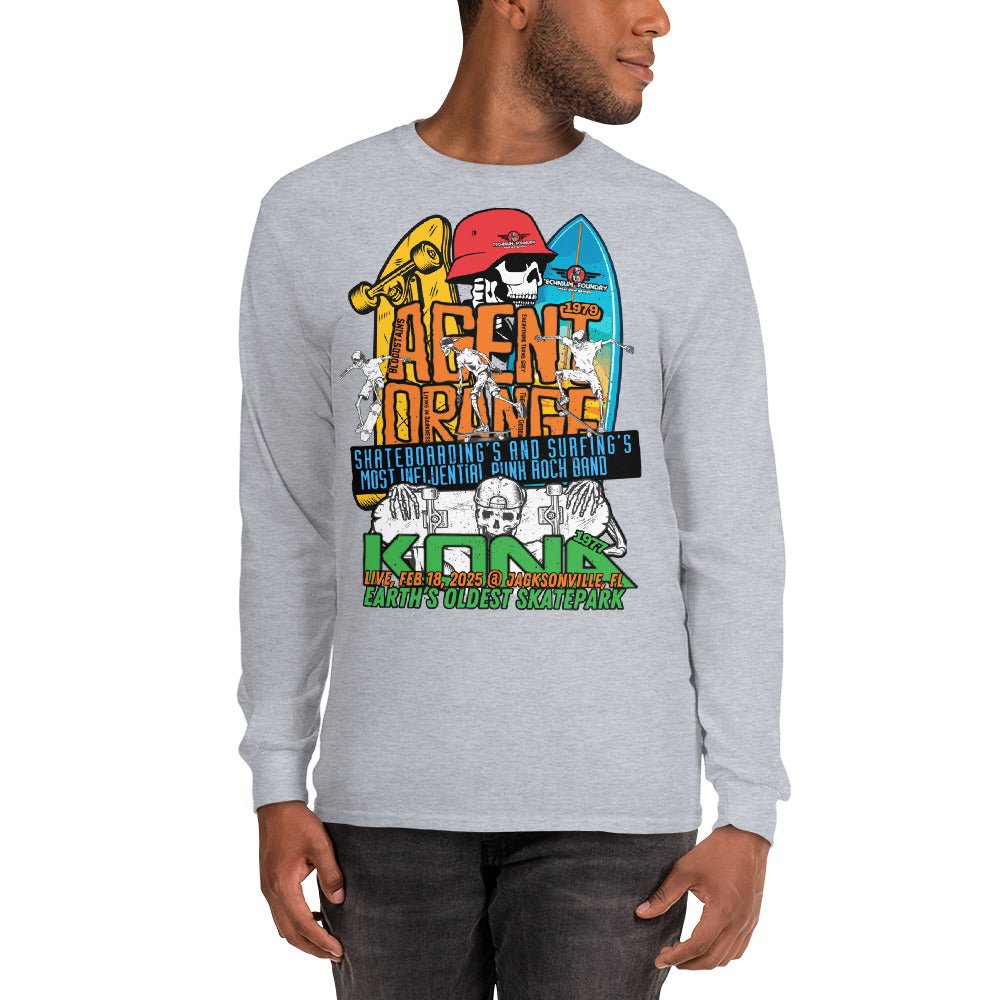 Agent Orange Kona long sleeve skate t-shirt featuring vintage surf graphics celebrating Earth's oldest skatepark in Jacksonville.