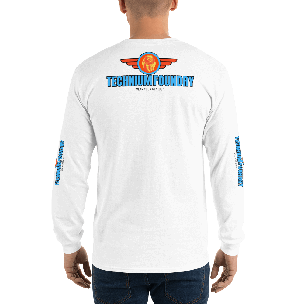 Back view of white long sleeve T-shirt with colorful Technium Foundry logo, jeans, and unique sleeve graphics.