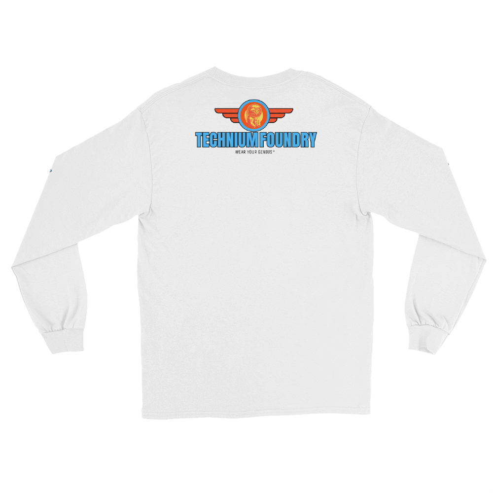 Back view of white long sleeve t-shirt with Technium Foundry logo, featuring wings and circular emblem, set against a clean background.
