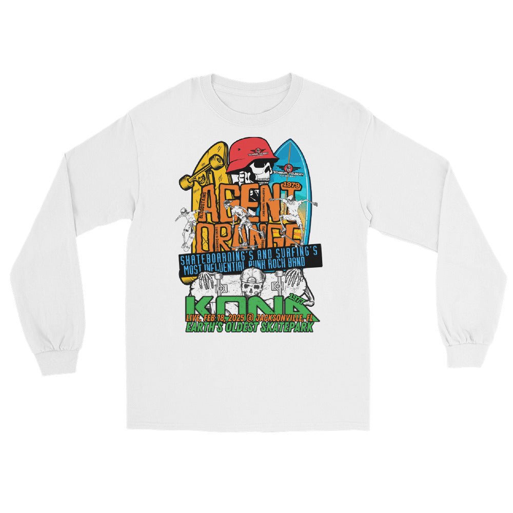 Kona Agent Orange Long Sleeve T-Shirt featuring vintage skateboarding graphics celebrating Kona skatepark's history.