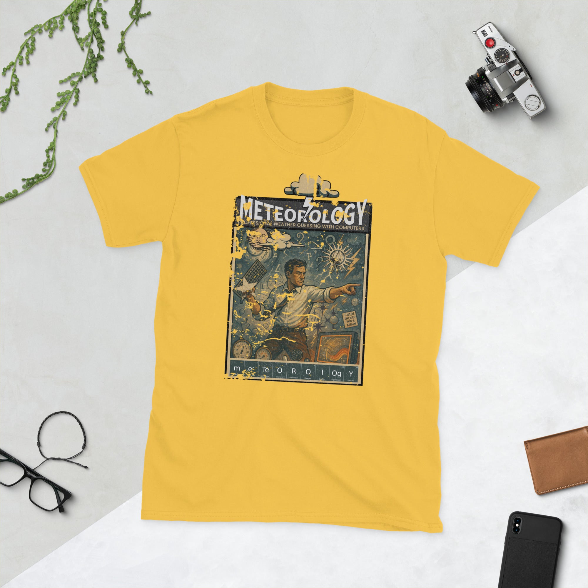 Yellow Meteorology T-shirt featuring a vintage weather forecasting design with cameras and glasses around it.