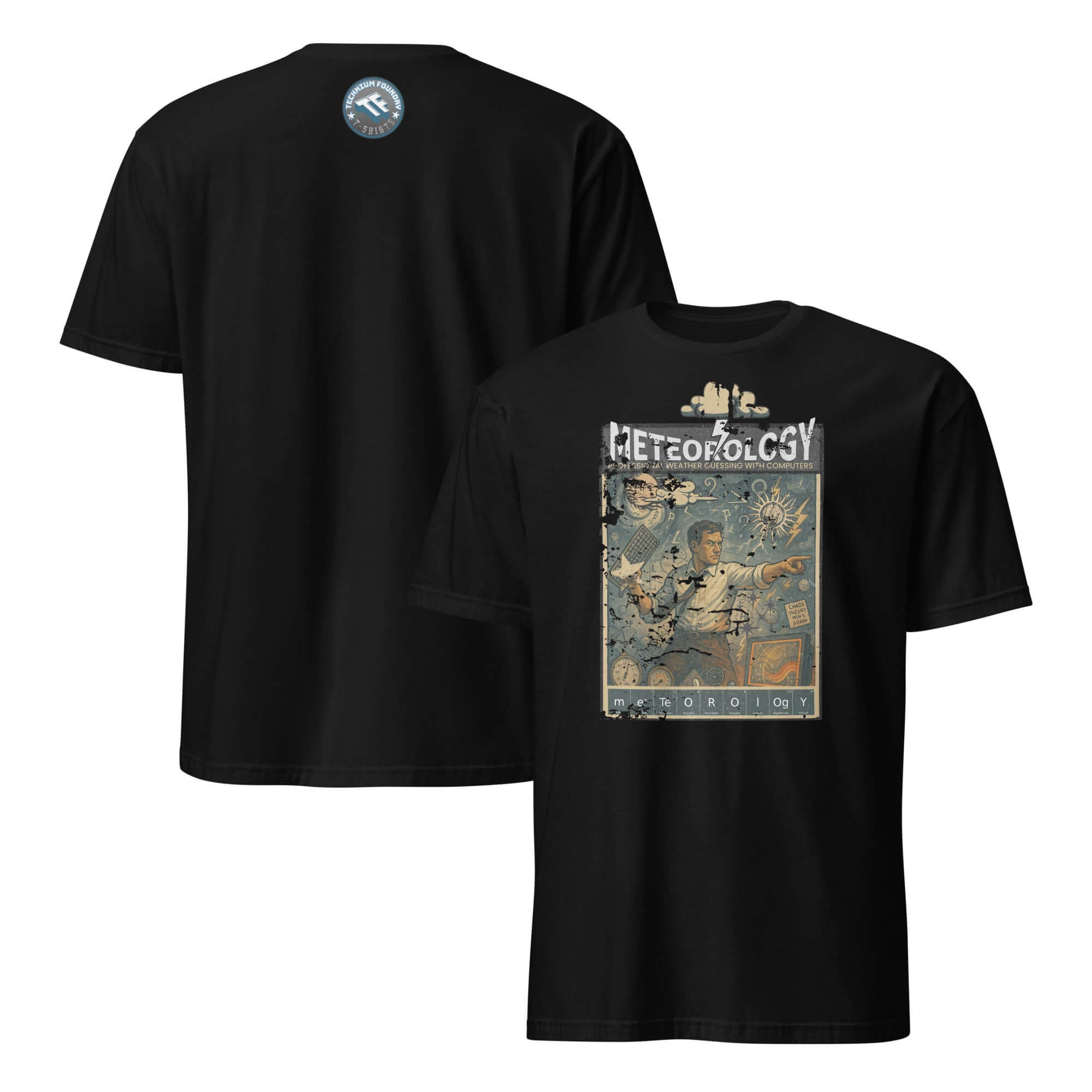 Meteorology T-Shirt with retro design of weather forecaster, humorously celebrating the art of 'Professional Weather Guessing With Computers.'