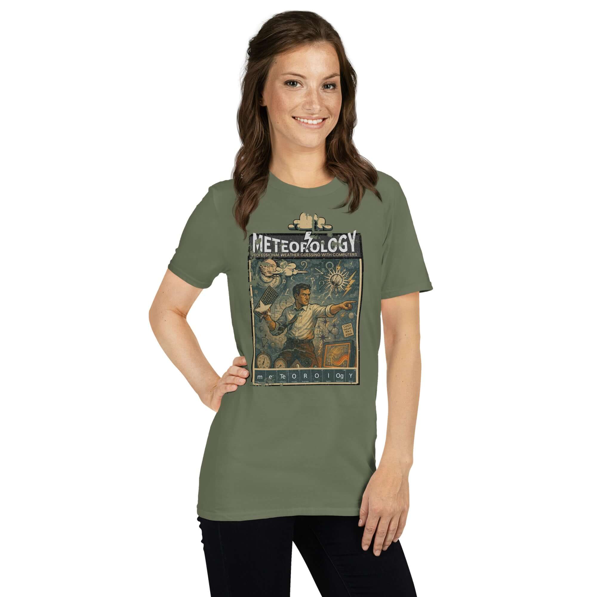 Meteorology T-Shirt worn by person; features vintage style weather oracle design celebrating professional forecasting.