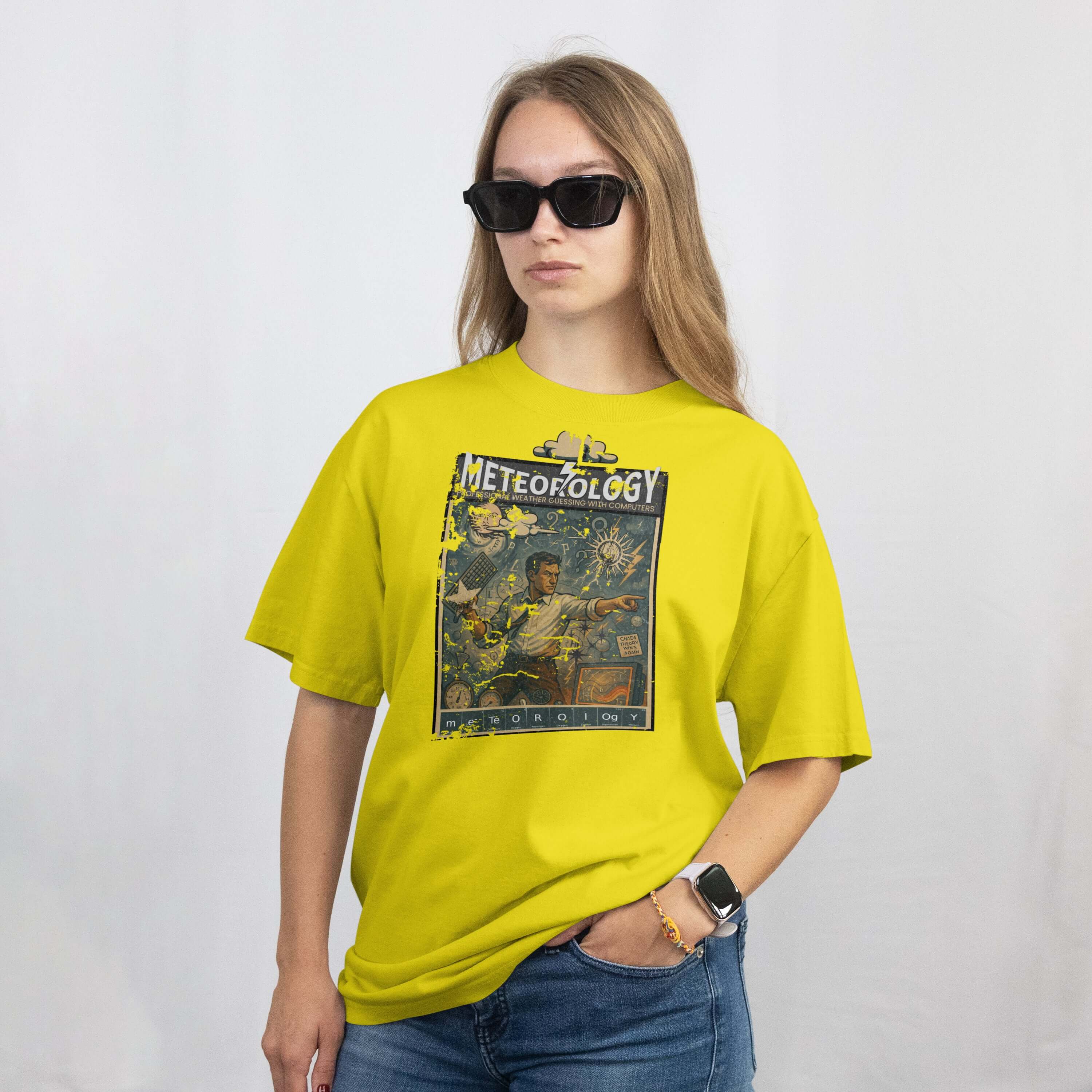 Yellow Meteorology T-Shirt featuring vintage-style weather forecasting design worn by a model with sunglasses.