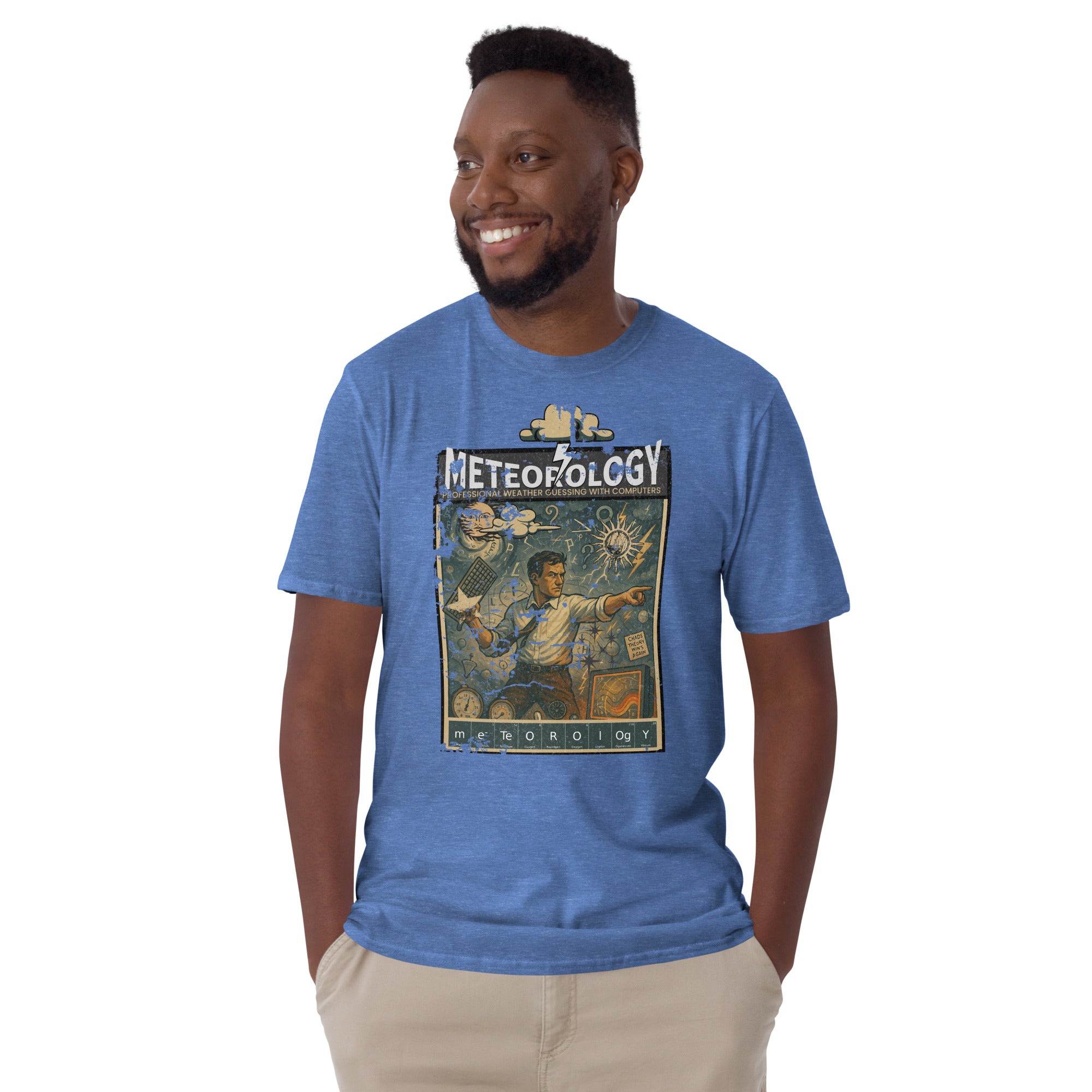 Man wearing Meteorology T-Shirt with vintage design, celebrating weather forecasting and scientific humor.