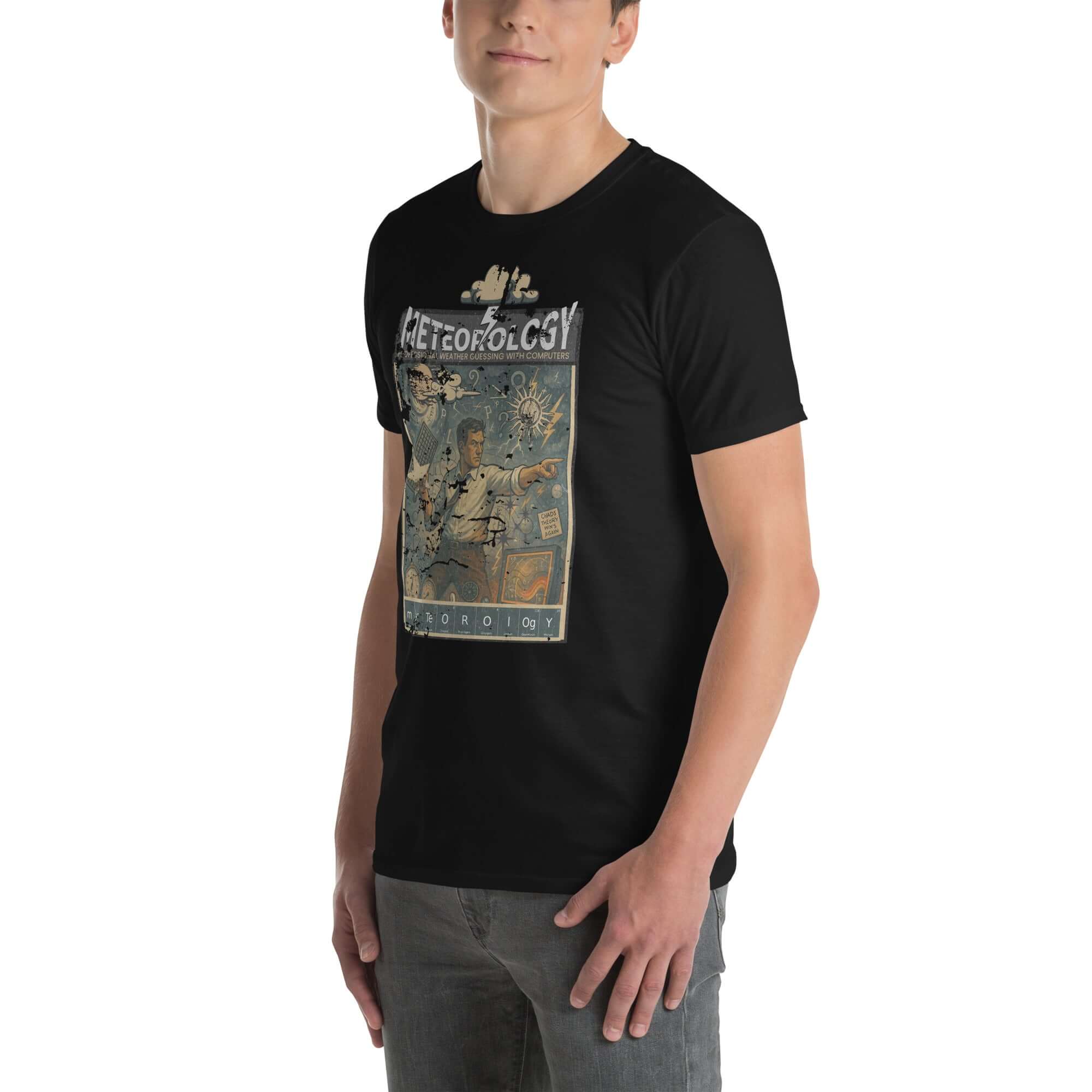 Man wearing Meteorology T-Shirt with vintage weather guessing poster design, celebrating modern and humorous forecasting.
