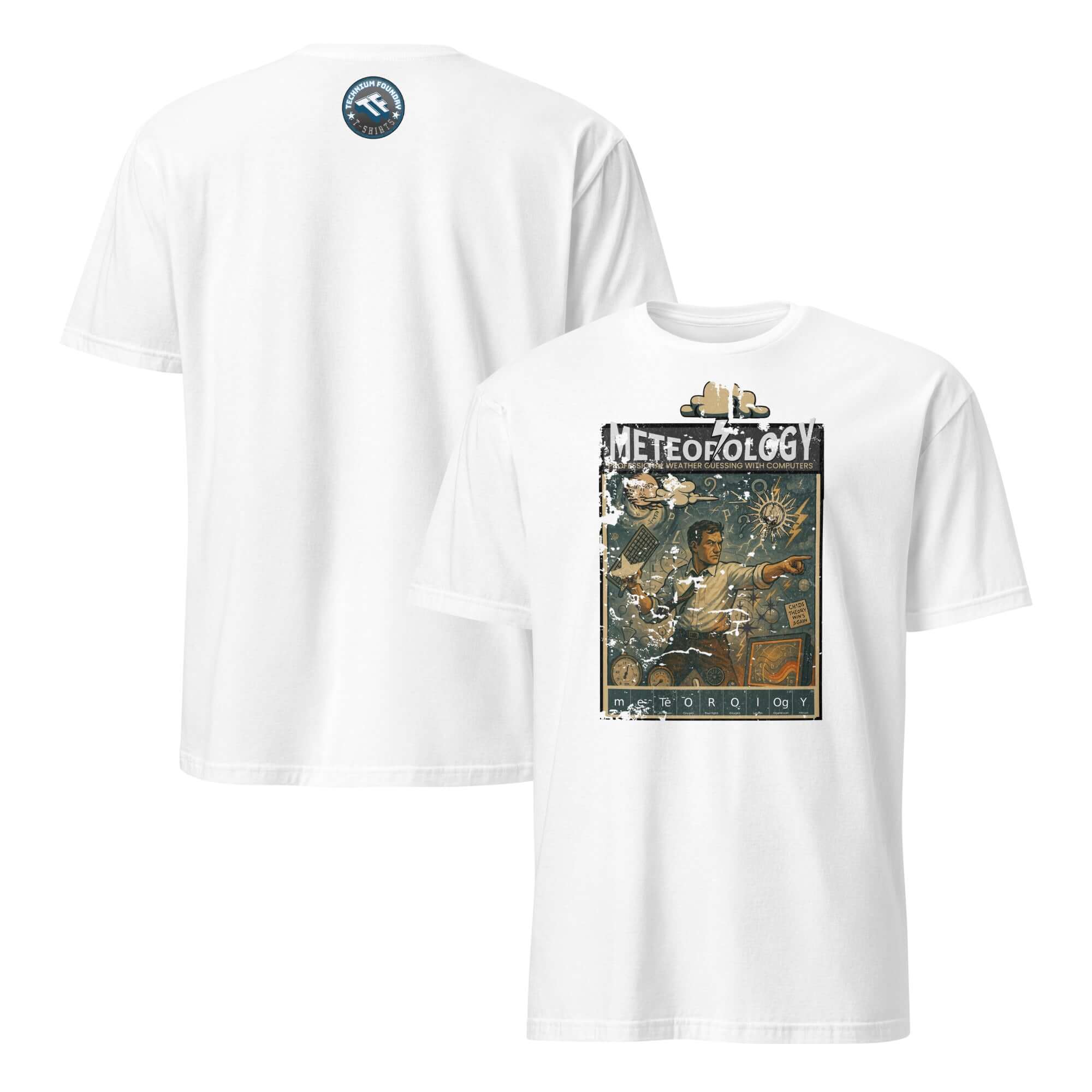 White Meteorology T-Shirt featuring vintage propaganda poster of a weather forecaster, humorously titled "Professional Weather Guessing."