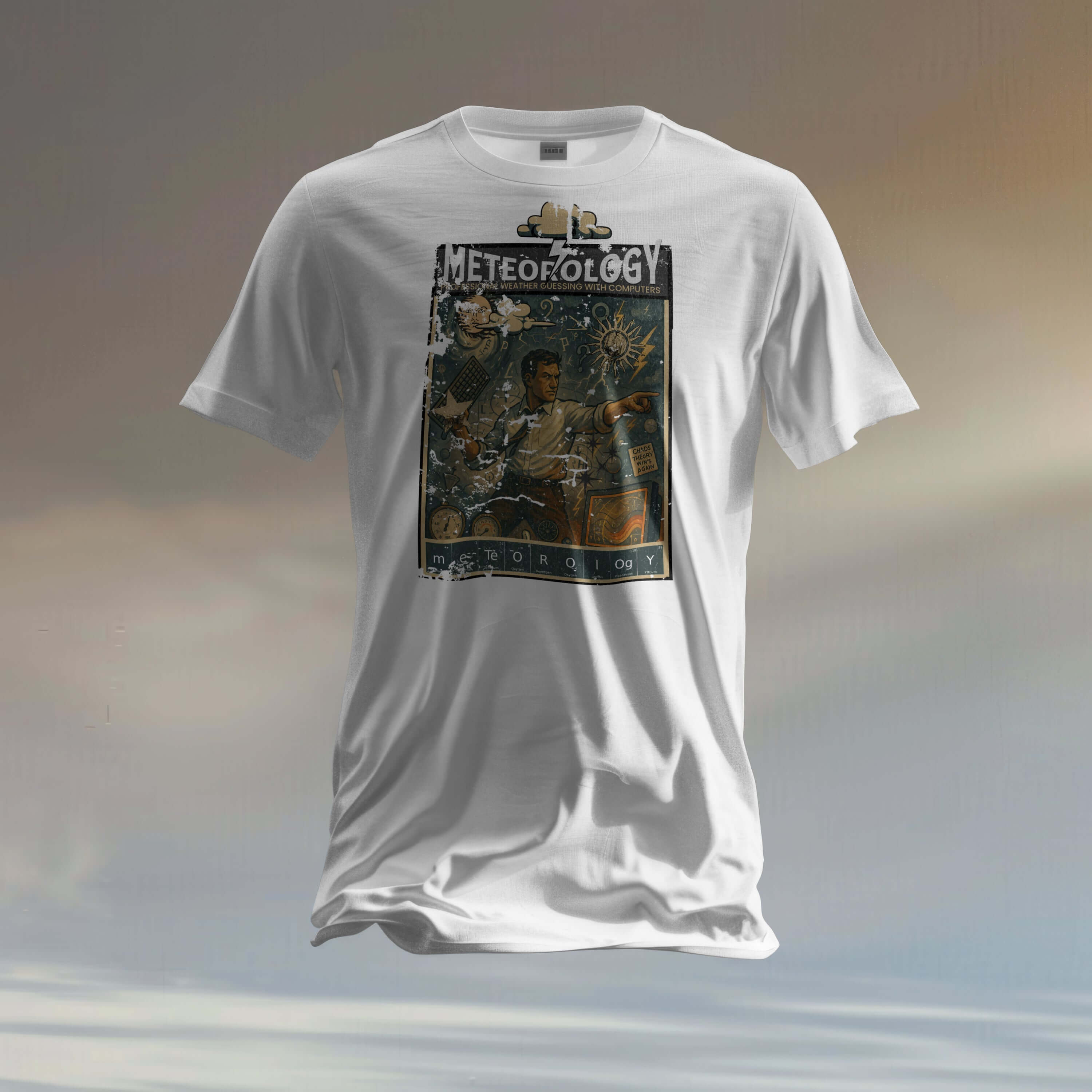 White Meteorology T-shirt featuring vintage weather forecasting art with computers and the phrase 'Professional Weather Guessing'.