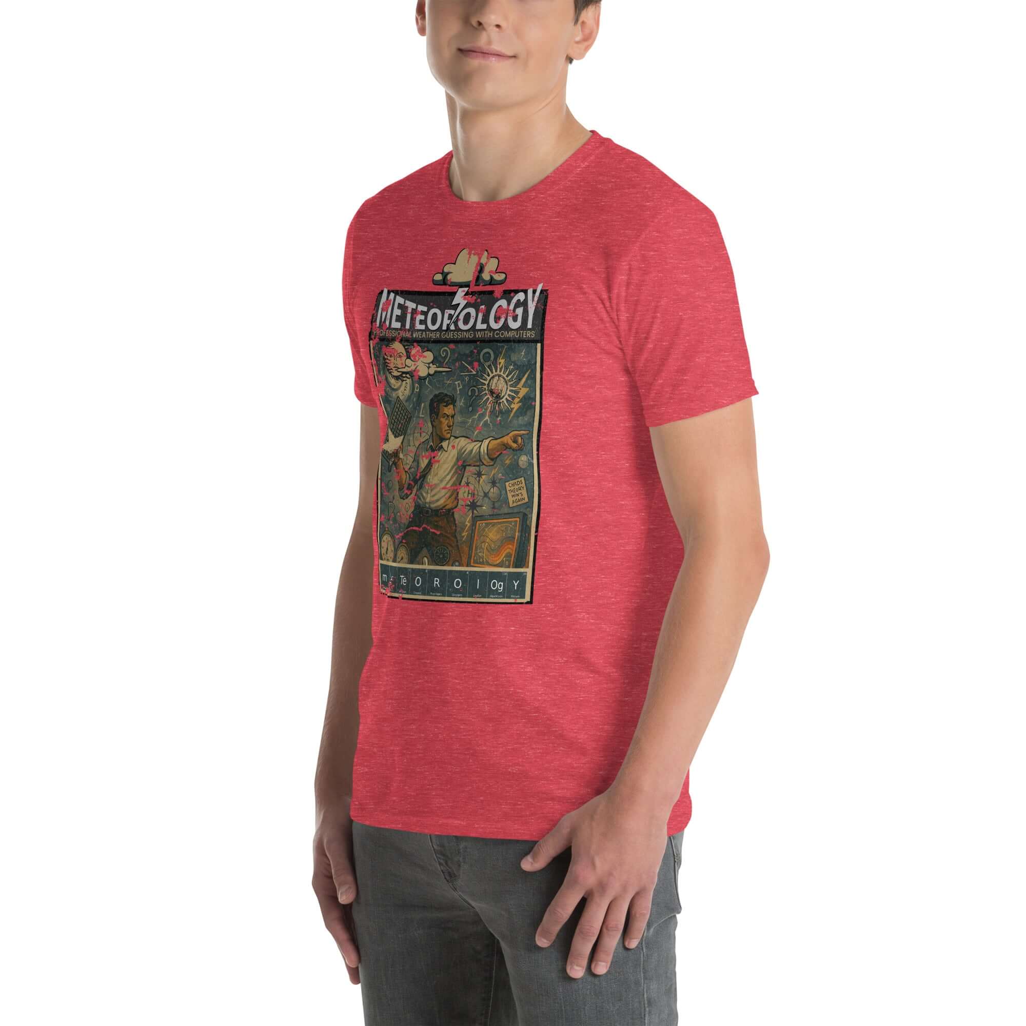 Alt Tag: Red "Meteorology T-Shirt" with vintage weather prediction propaganda design, featuring a heroic forecaster in action.