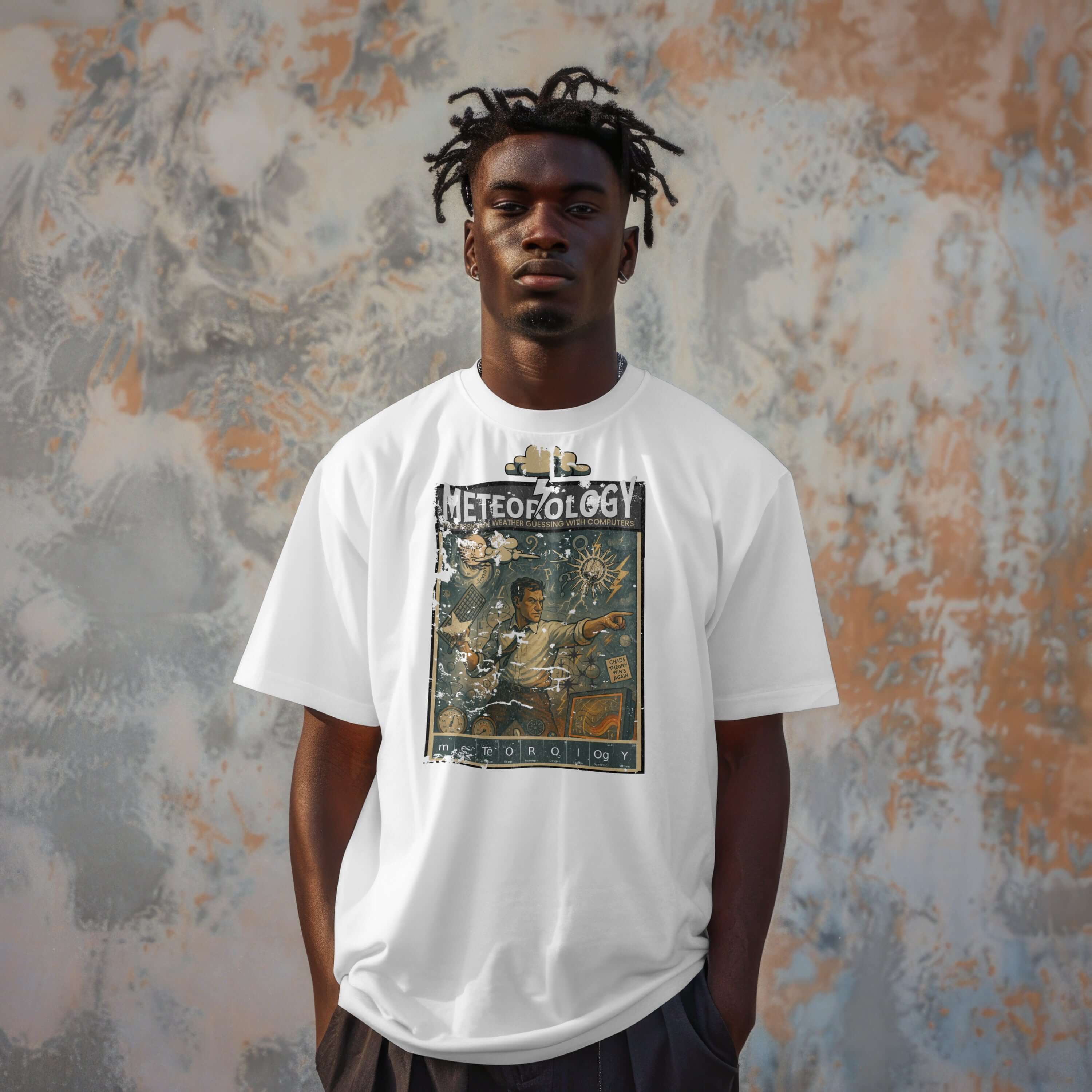 Man wearing vintage Meteorology T-shirt, featuring a humorous weather prediction design.