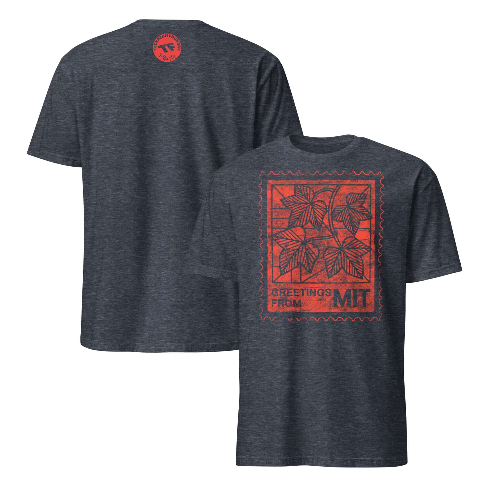MIT T-shirt with vintage postage stamp design, navy blue, featuring "Greetings from MIT" on back, ideal for STEM and academic gifts.