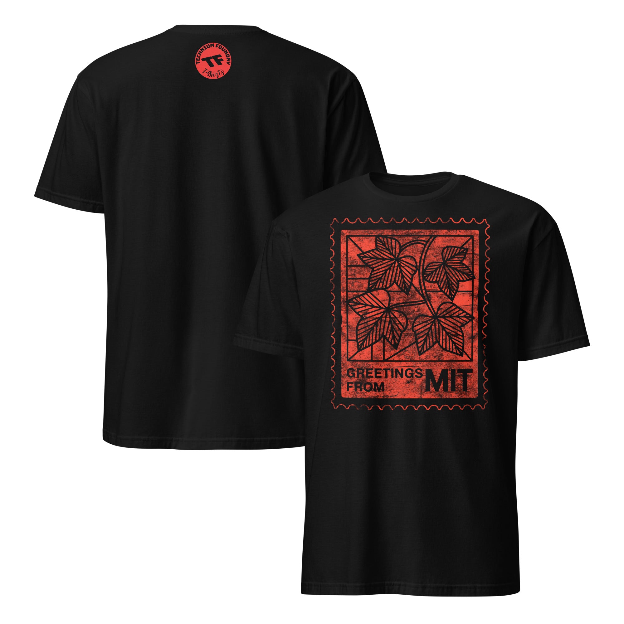 Black MIT T-shirt featuring a vintage postage stamp design with "Greetings from MIT" text, perfect for college STEM and academic gift.