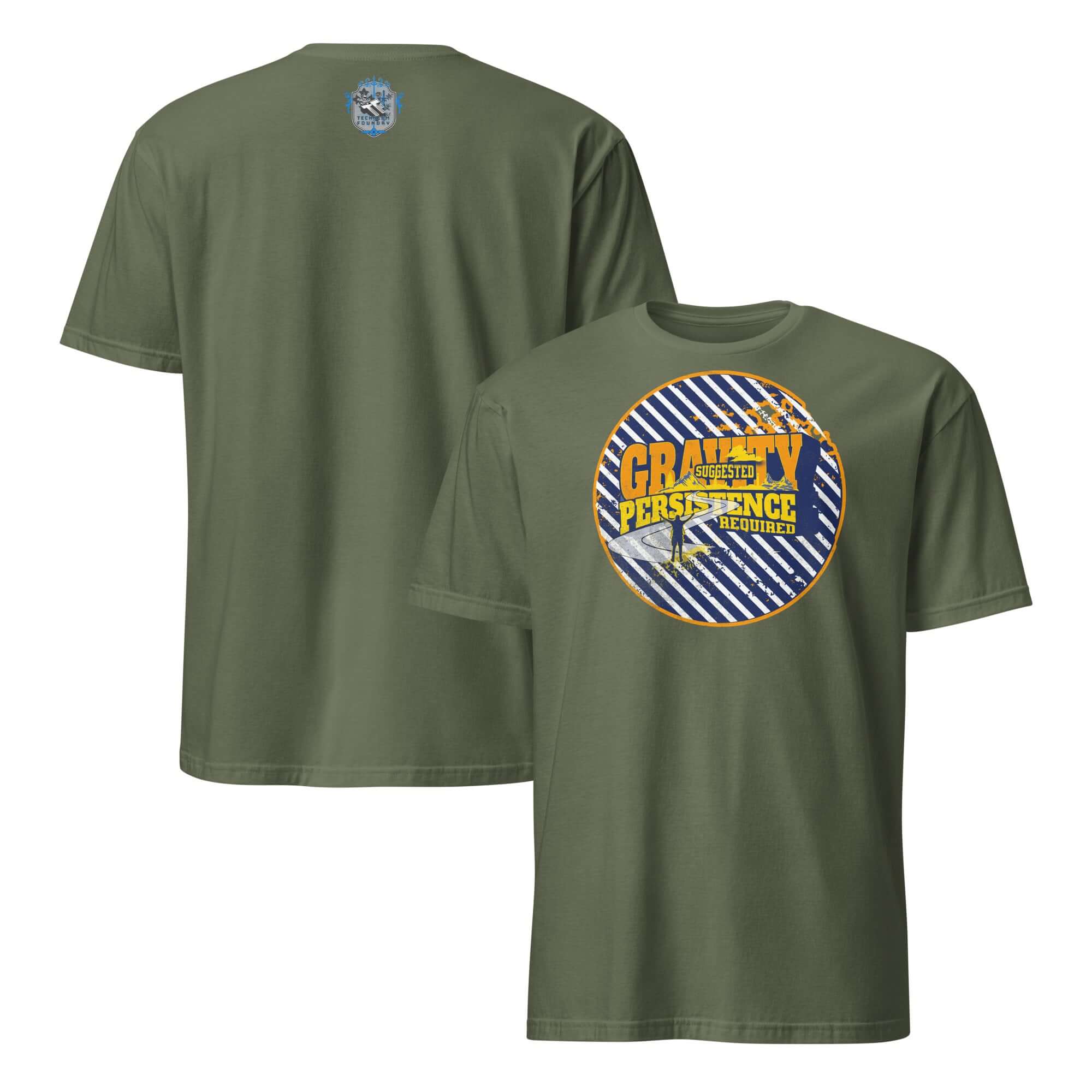 Olive green t-shirt with a circular navy and white striped emblem featuring bold golden-yellow text 'Gravity Suggested, Persistence Required.'