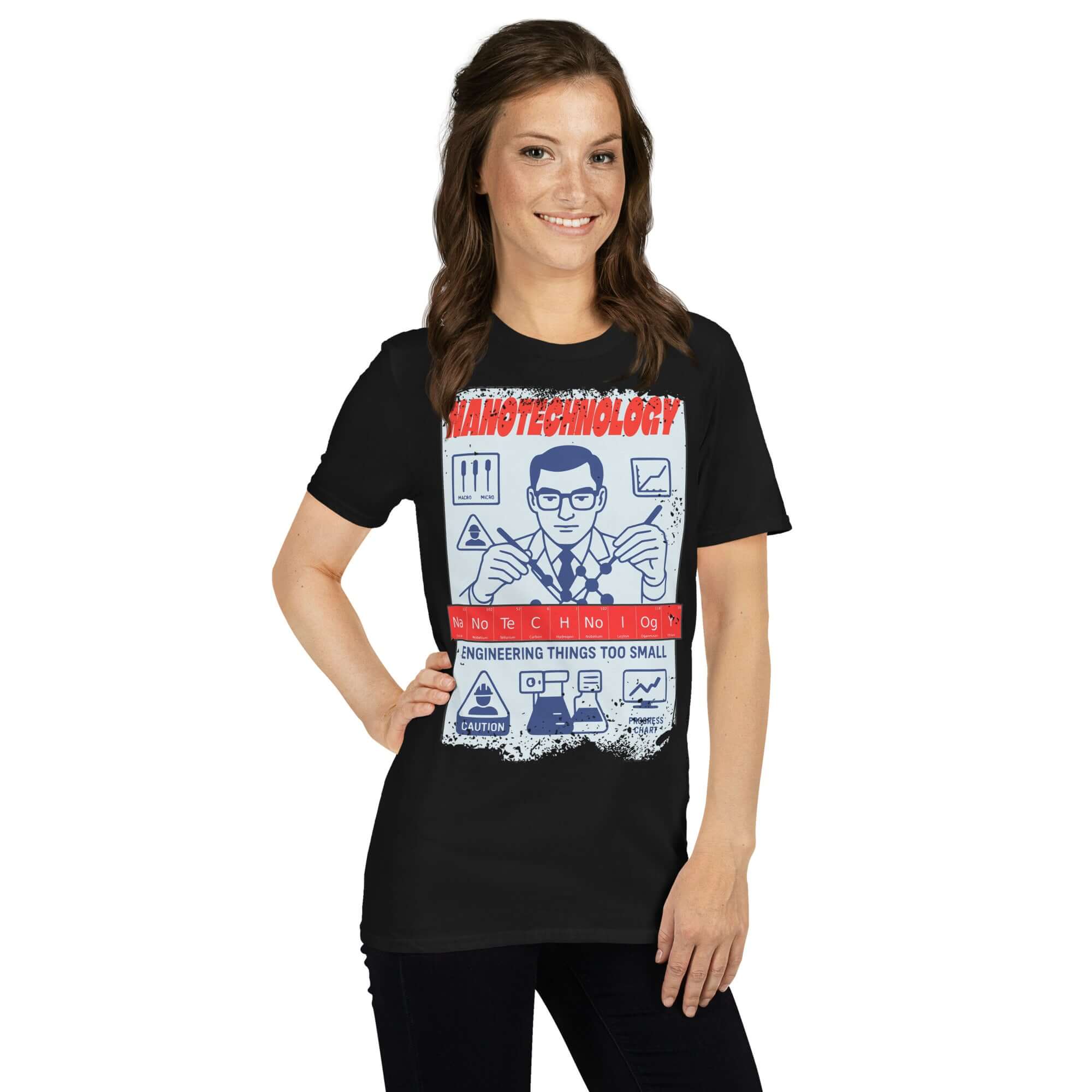 Woman wearing Nanotechnology T-Shirt showcasing vintage industrial design with molecular construction theme.