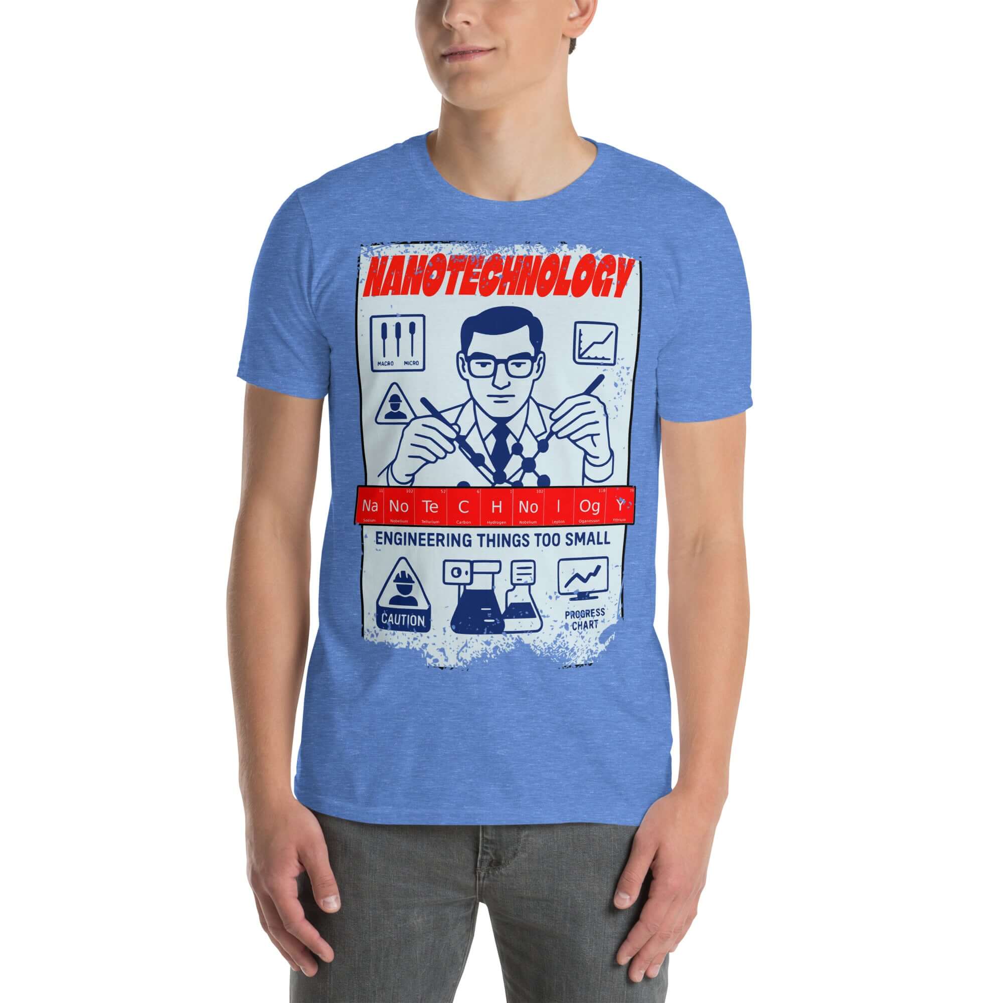 Man wearing Nanotechnology T-Shirt with vintage design and engineering theme, highlighting molecular construction management.