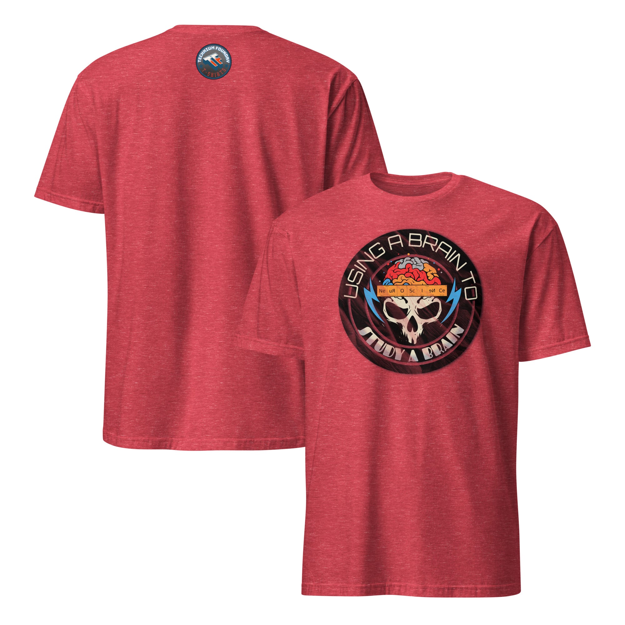 Red neuroscience t-shirt with 'Using A Brain To Study A Brain' design featuring a skull and brain motif, ideal for science enthusiasts.