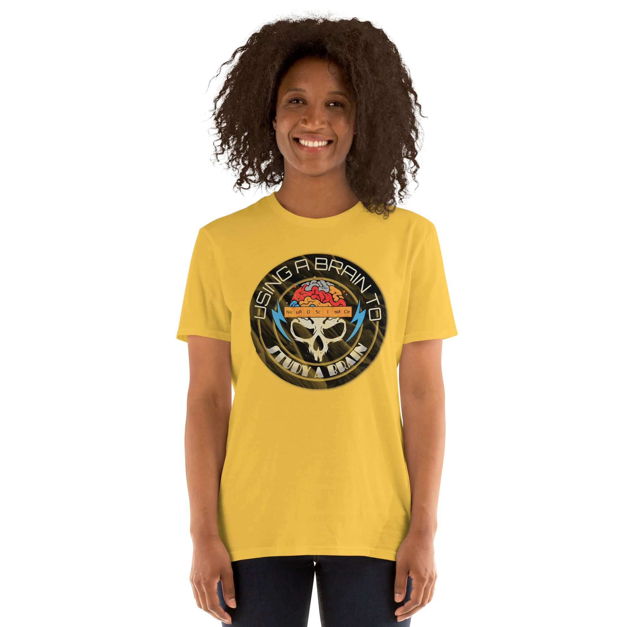 Person wearing yellow neuroscience t-shirt with 'Using A Brain To Study A Brain' design and science humor motif.