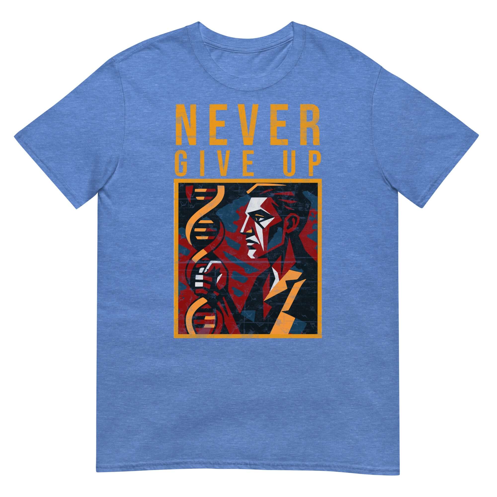Blue T-shirt with 'Never Give Up' text, artwork of DNA helix and abstract figure, promoting scientific persistence and genetic research motivation.