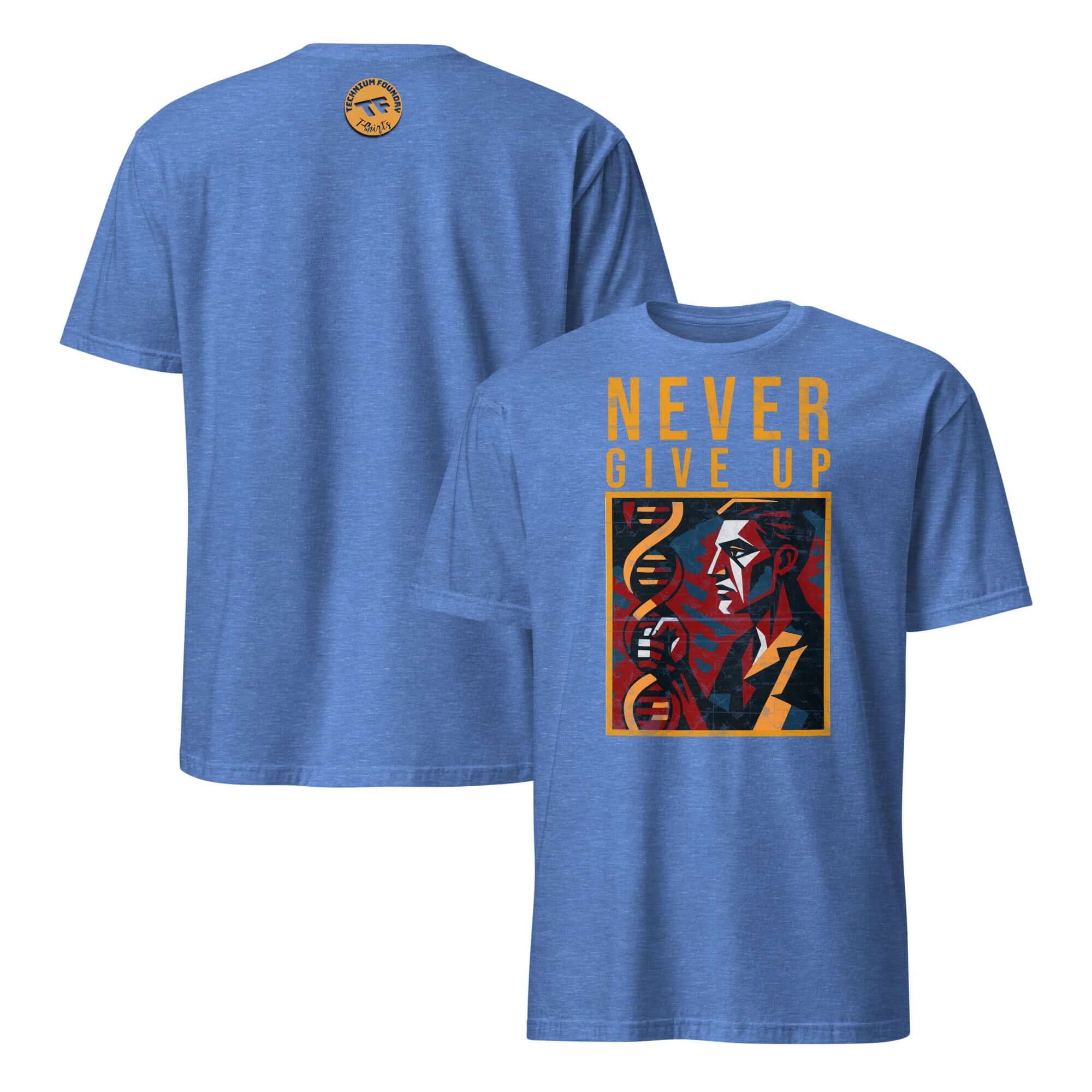 Blue T-shirt with 'Never Give Up' and DNA helix graphic, symbolizing genetic research motivation and scientific persistence.