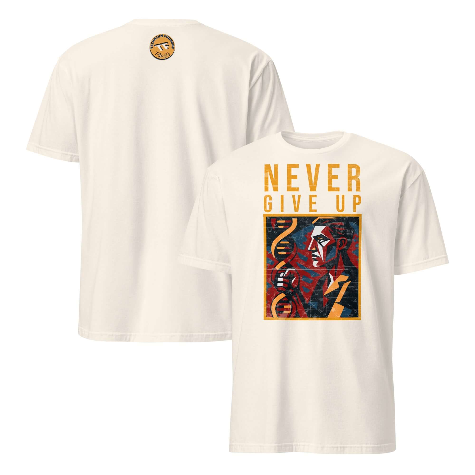 Never Give Up DNA Science T-Shirt featuring double helix and motivational design for scientific persistence and genetic research inspiration.
