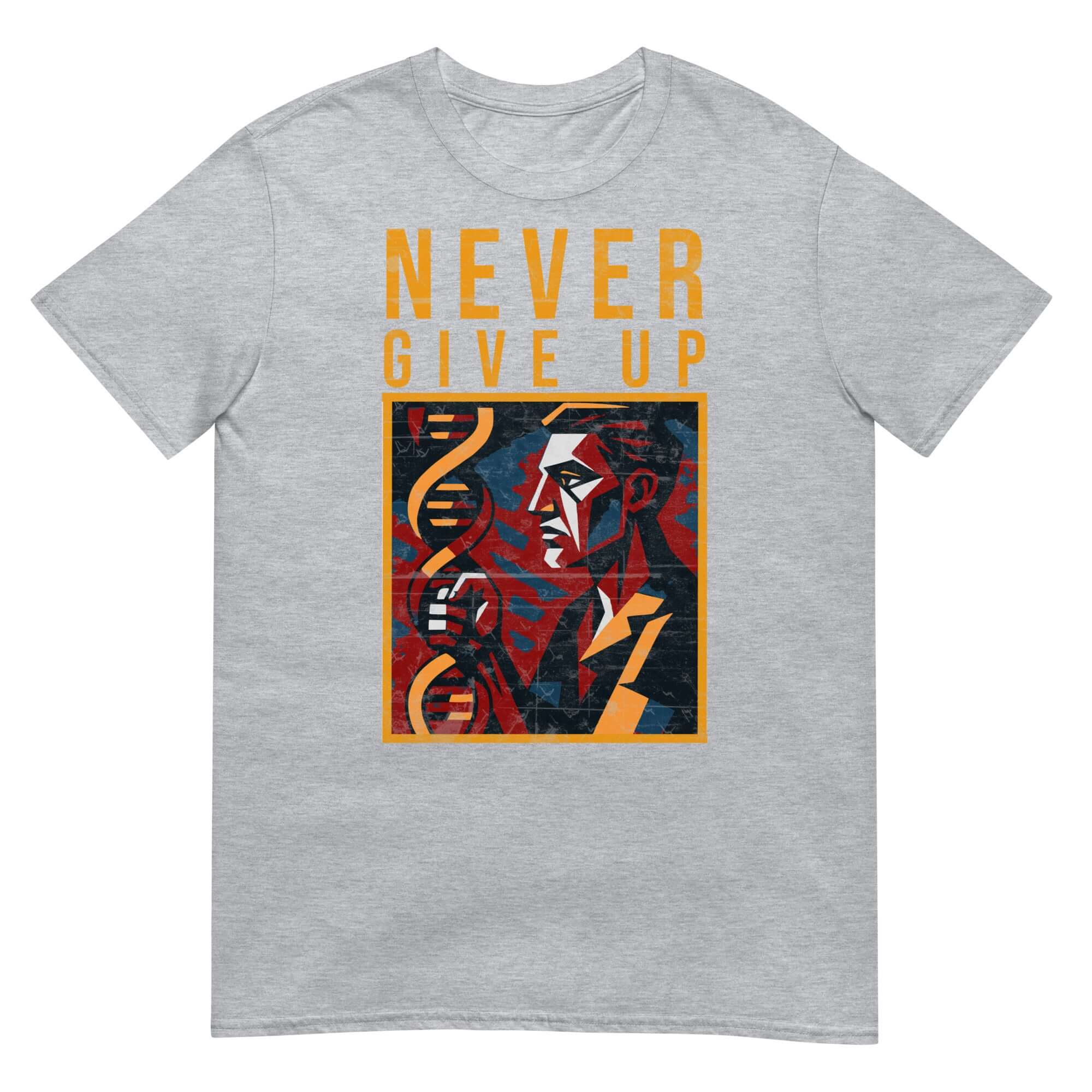 Never Give Up DNA Science T-Shirt featuring double helix and motivational design for genetic research and scientific persistence.