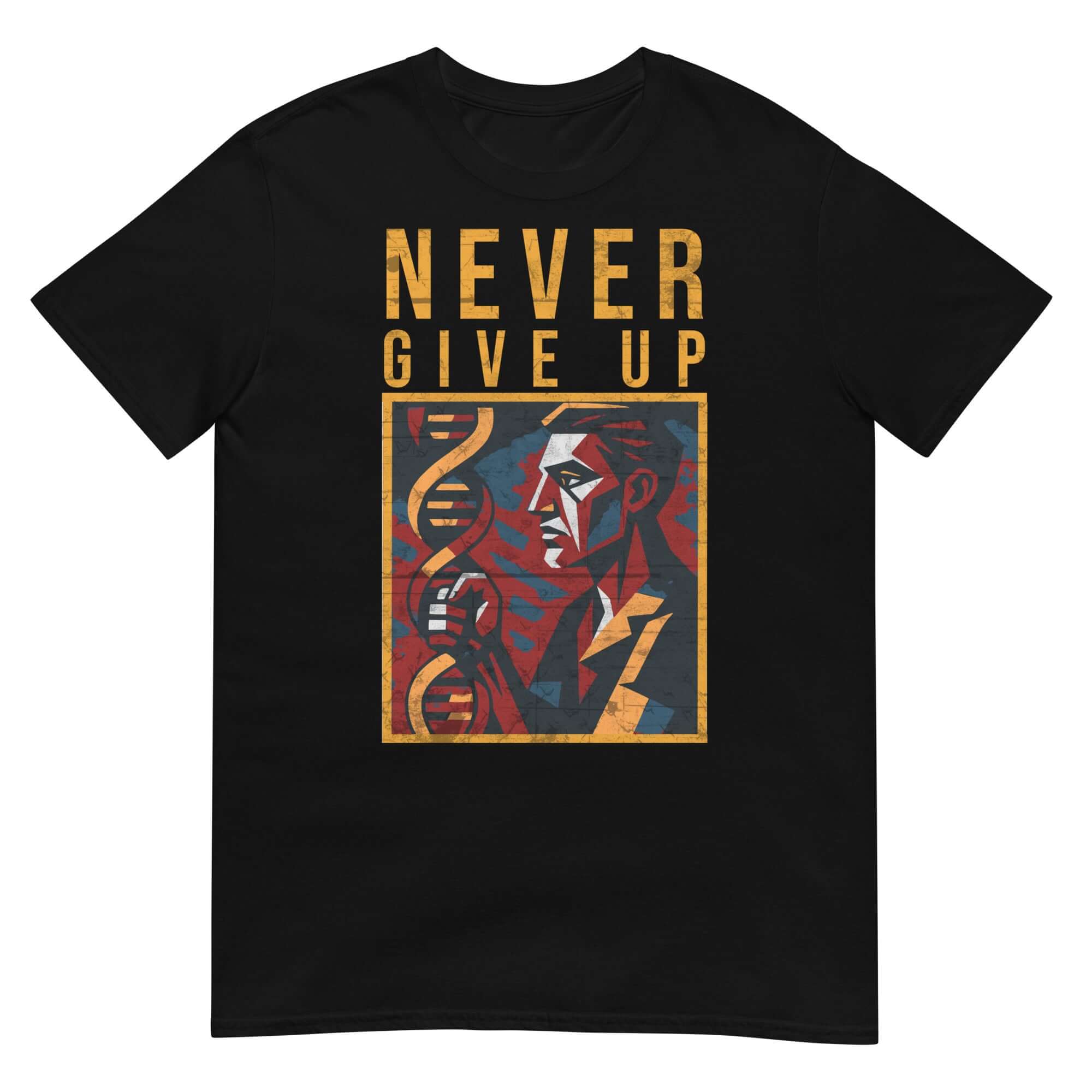 'Never Give Up' DNA Science T-Shirt with Genetic Research Motivation design, featuring artistic DNA helix and determined figure.