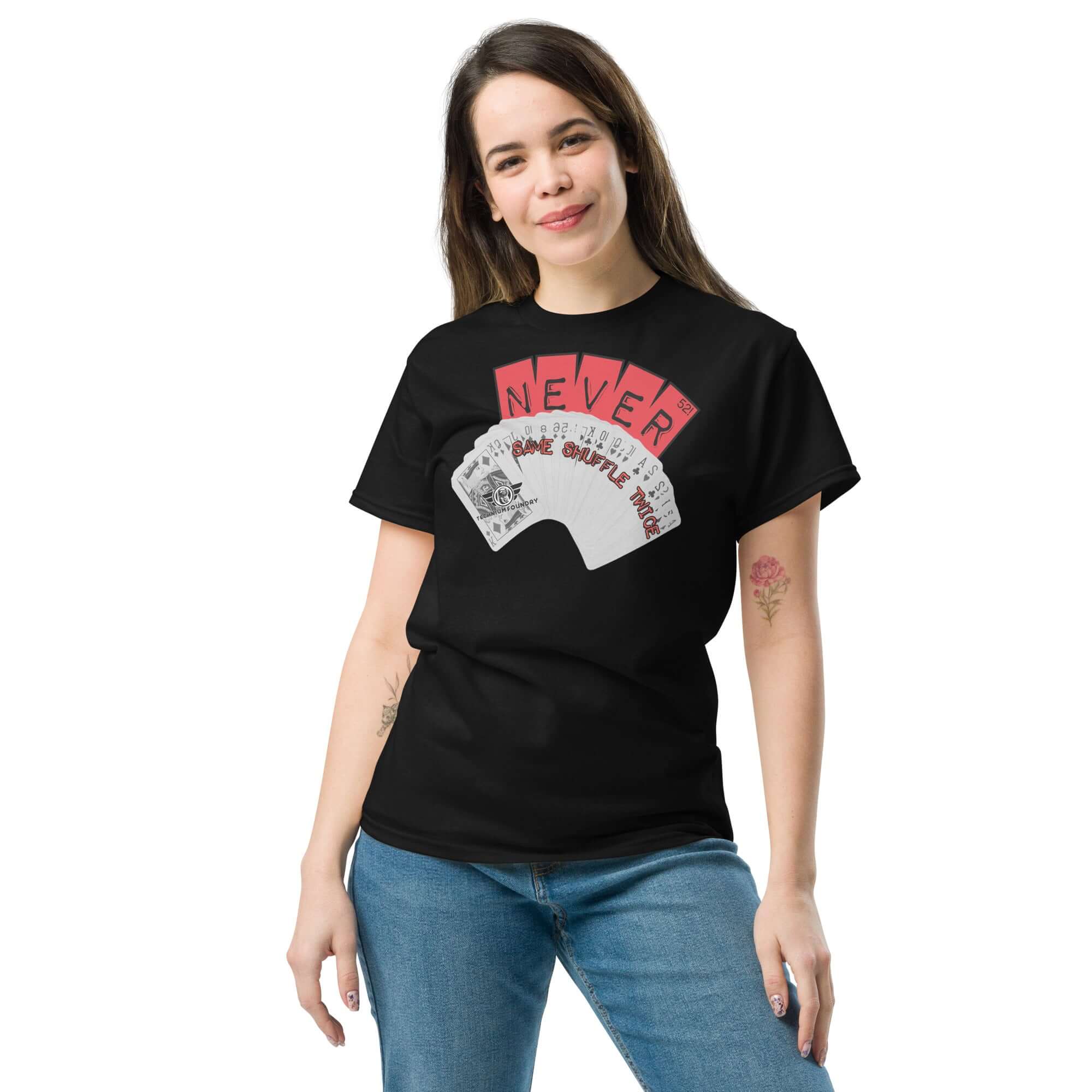 Never Same Shuffle Twice Probability T-Shirt | Statistics Color: Black T-Shirt Size: S Apparel & Accessories Technium Foundry