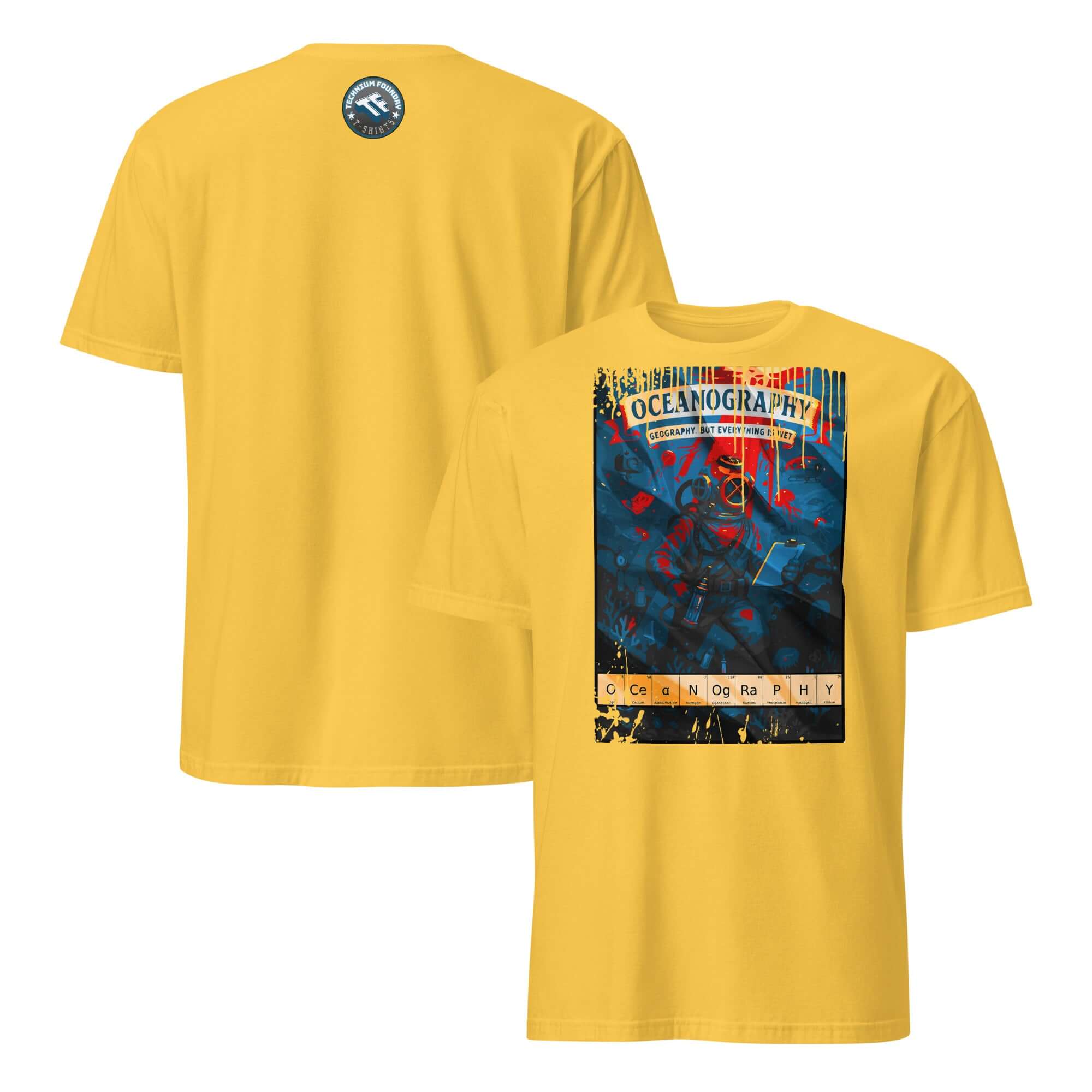Oceanography T-Shirt featuring vintage diver design and marine science theme on a yellow background.