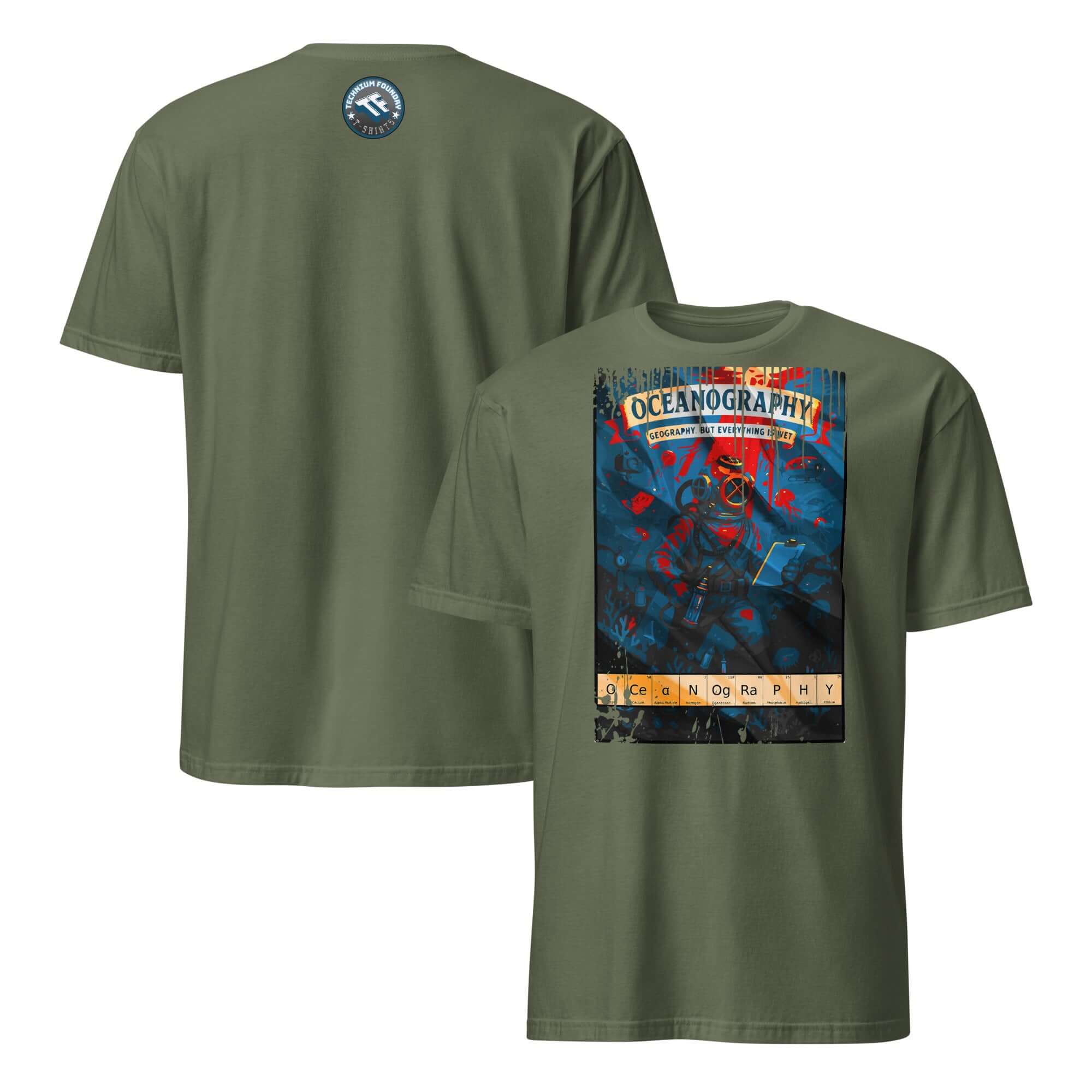 Olive green T-shirt featuring a vintage oceanography-themed design with brass diving helmet, celebrating marine science adventure.