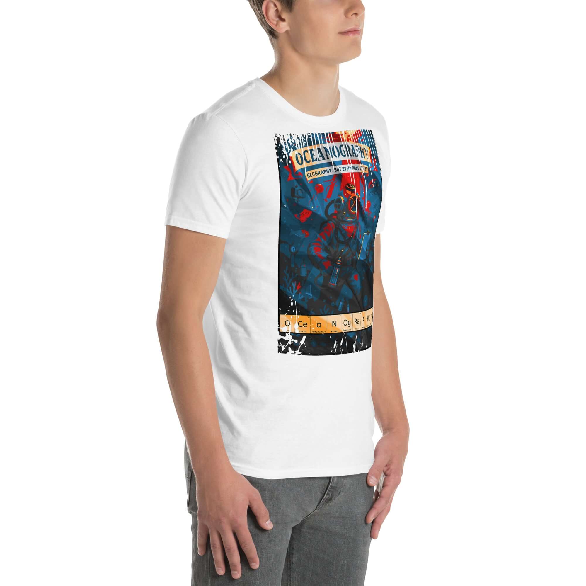 Man wearing Oceanography T-Shirt featuring vintage diving poster, combining marine science and cartography themes.
