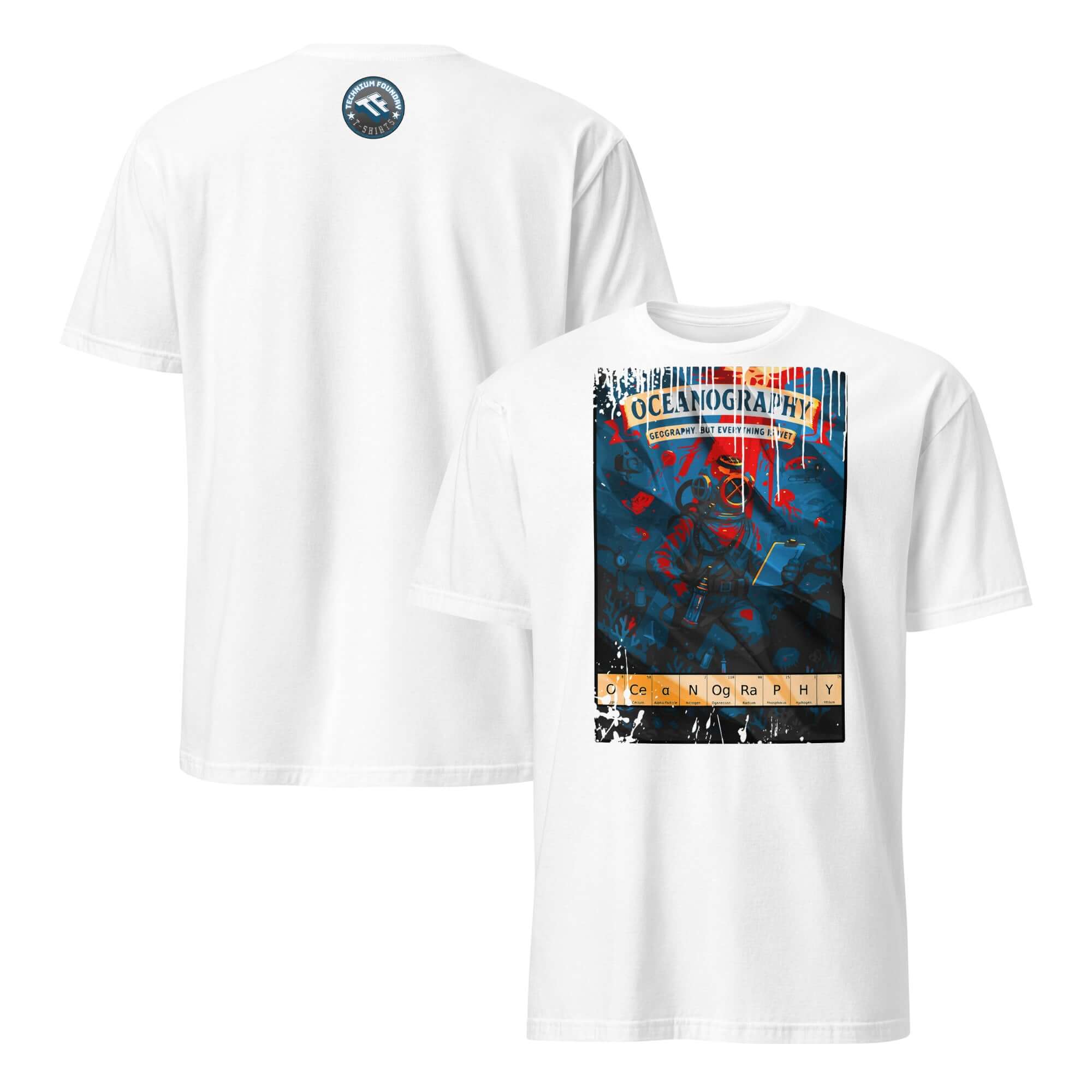 White T-shirt featuring vintage-style oceanography design, brass diver graphic, and "Geography But Everything Wet" text on front.