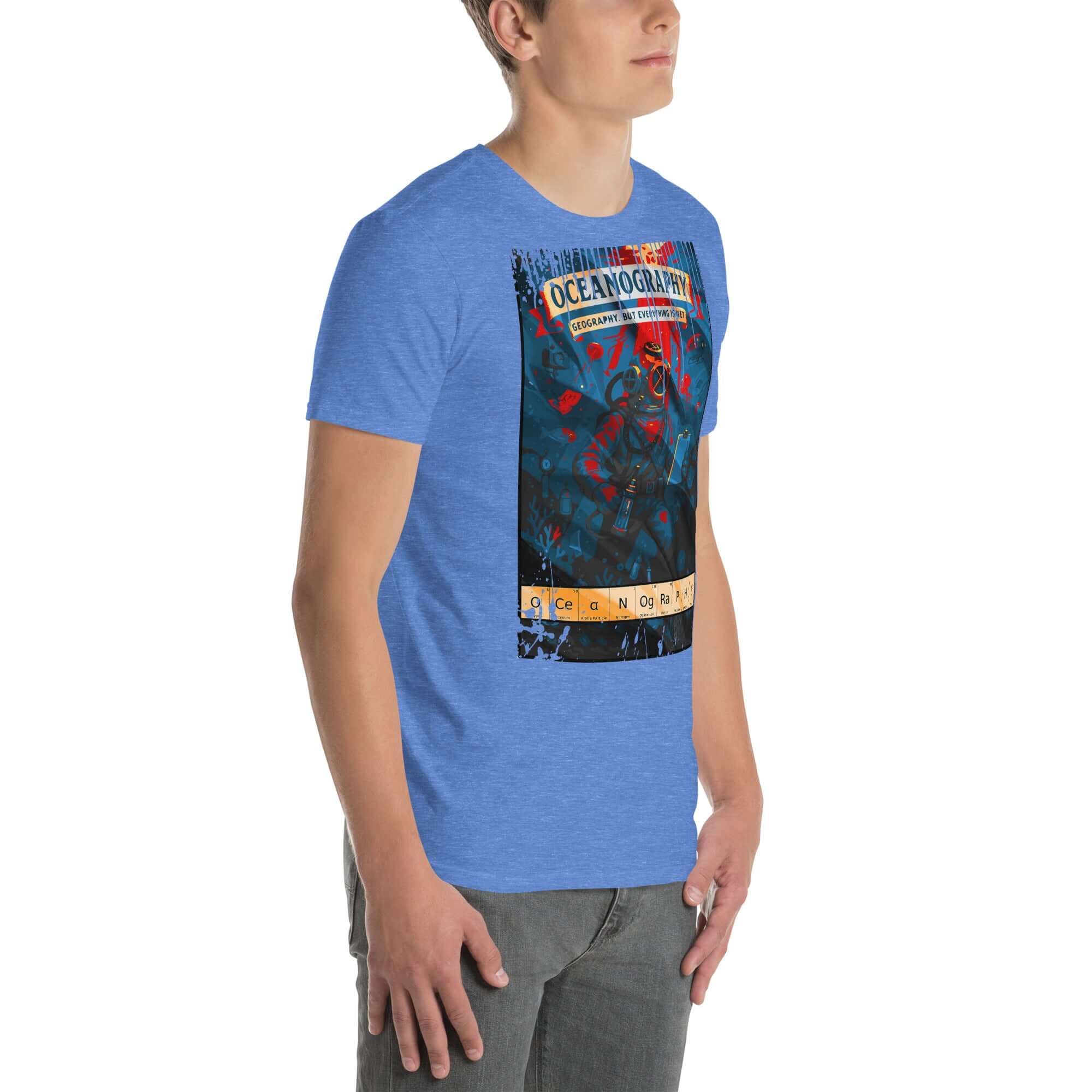 Man wearing Oceanography T-shirt featuring vintage diving-themed design, showcasing marine science and cartography humor.