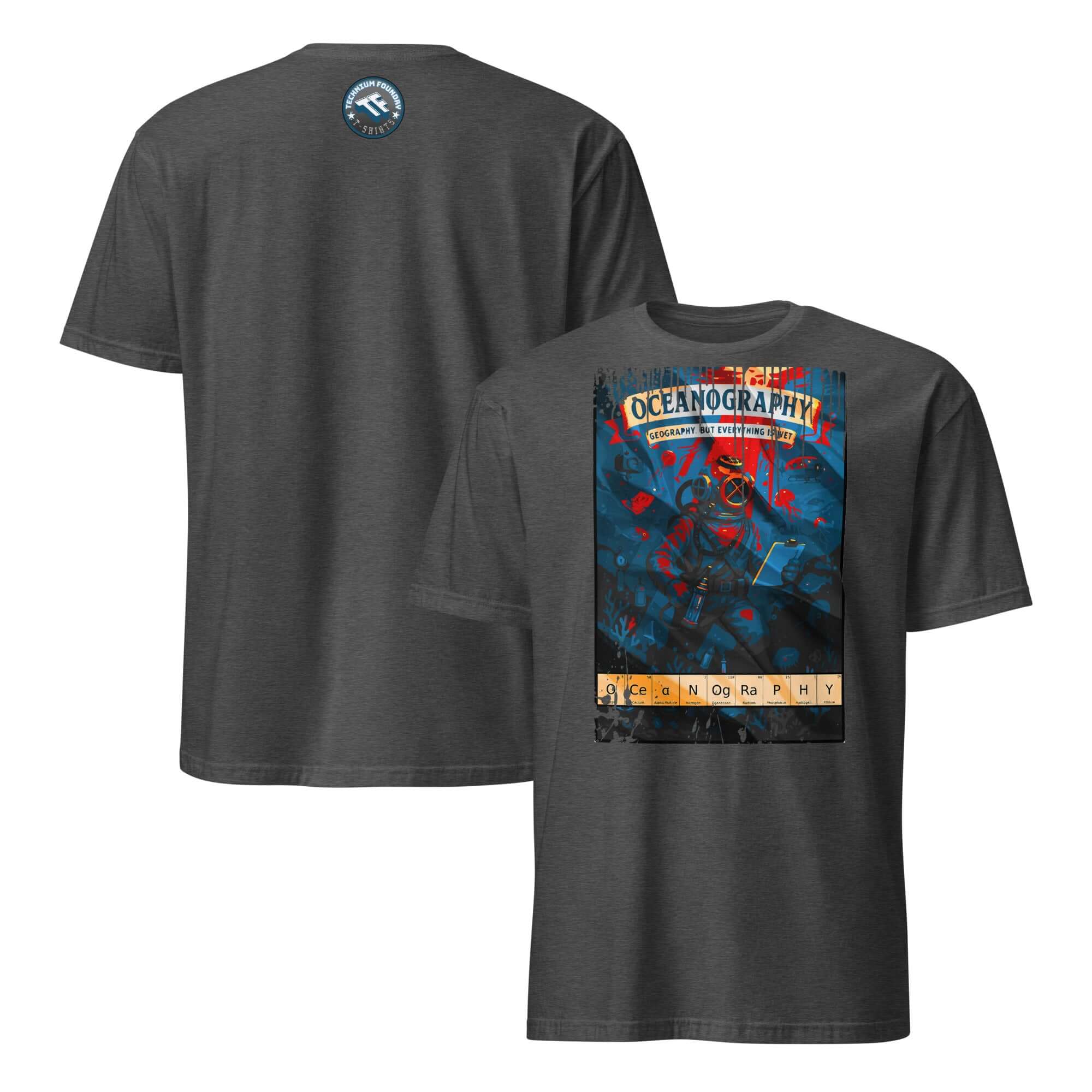 Vintage Oceanography T-Shirt featuring a brass-diver expedition poster, celebrates marine science with humor and adventure.