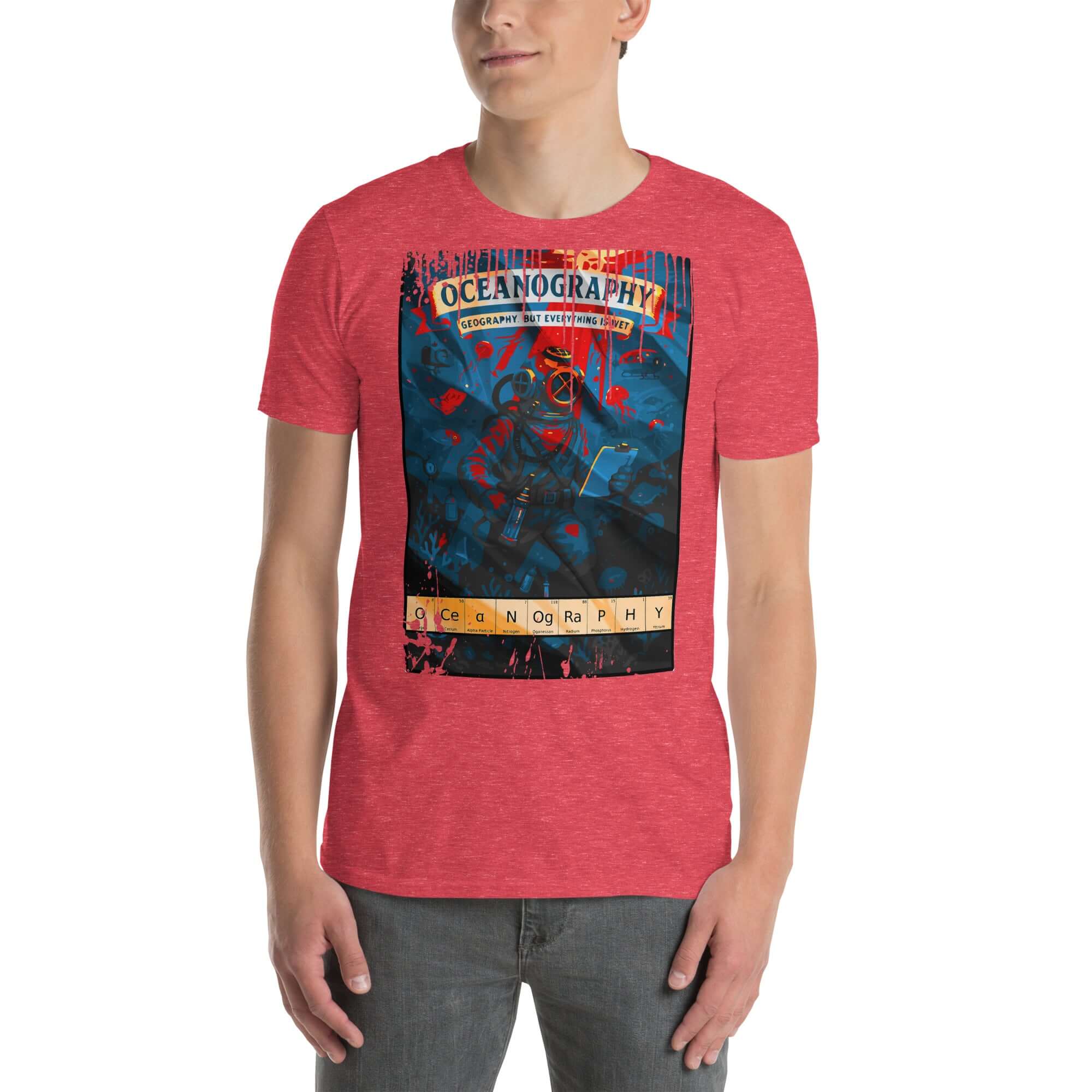 Red oceanography-themed t-shirt featuring vintage diving design with "Geography But Everything Wet" text. Ideal for marine science lovers.