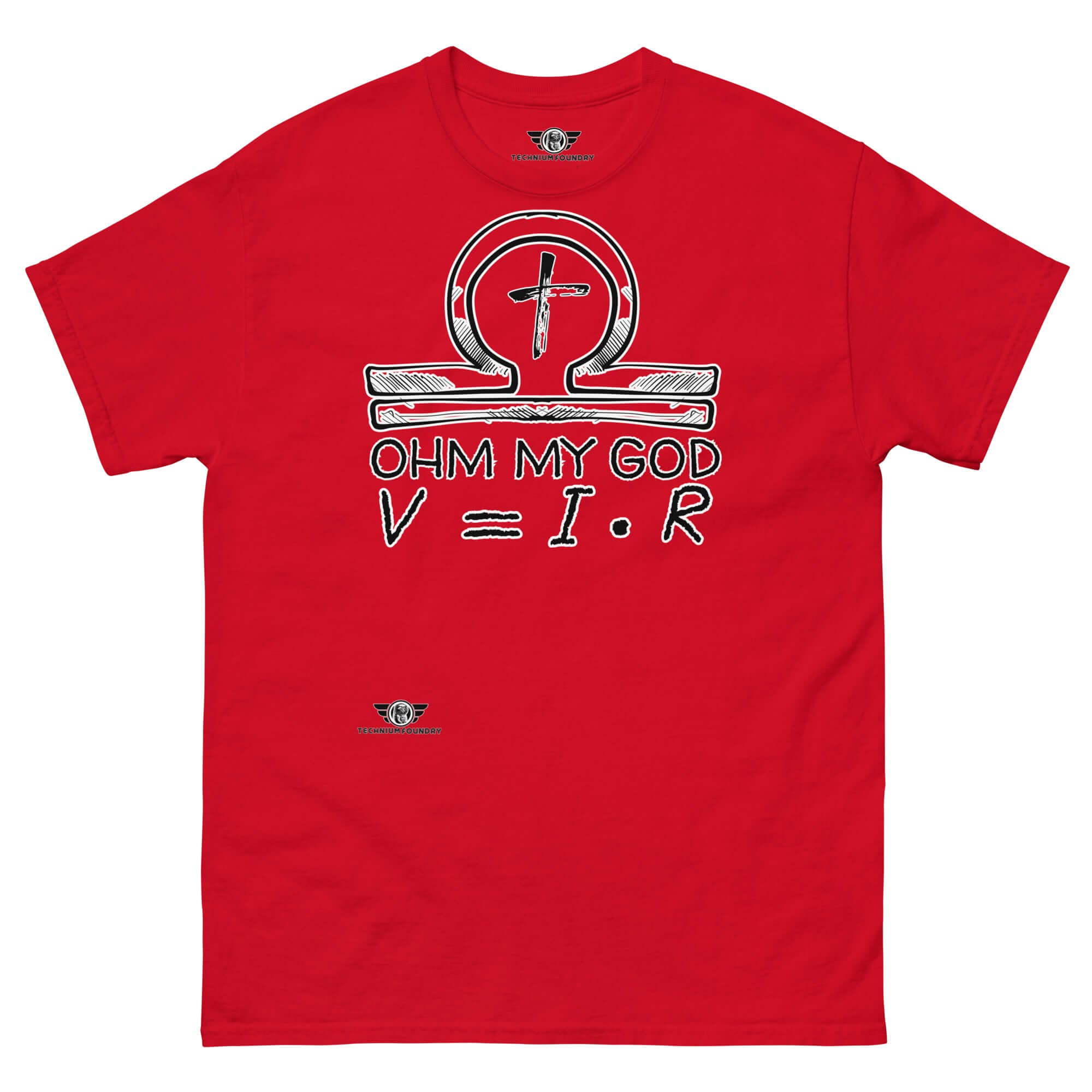 Red T-shirt with a humorous design blending Ohm's Law and Christian symbols, reading 'Ohm My God V=I.R'.