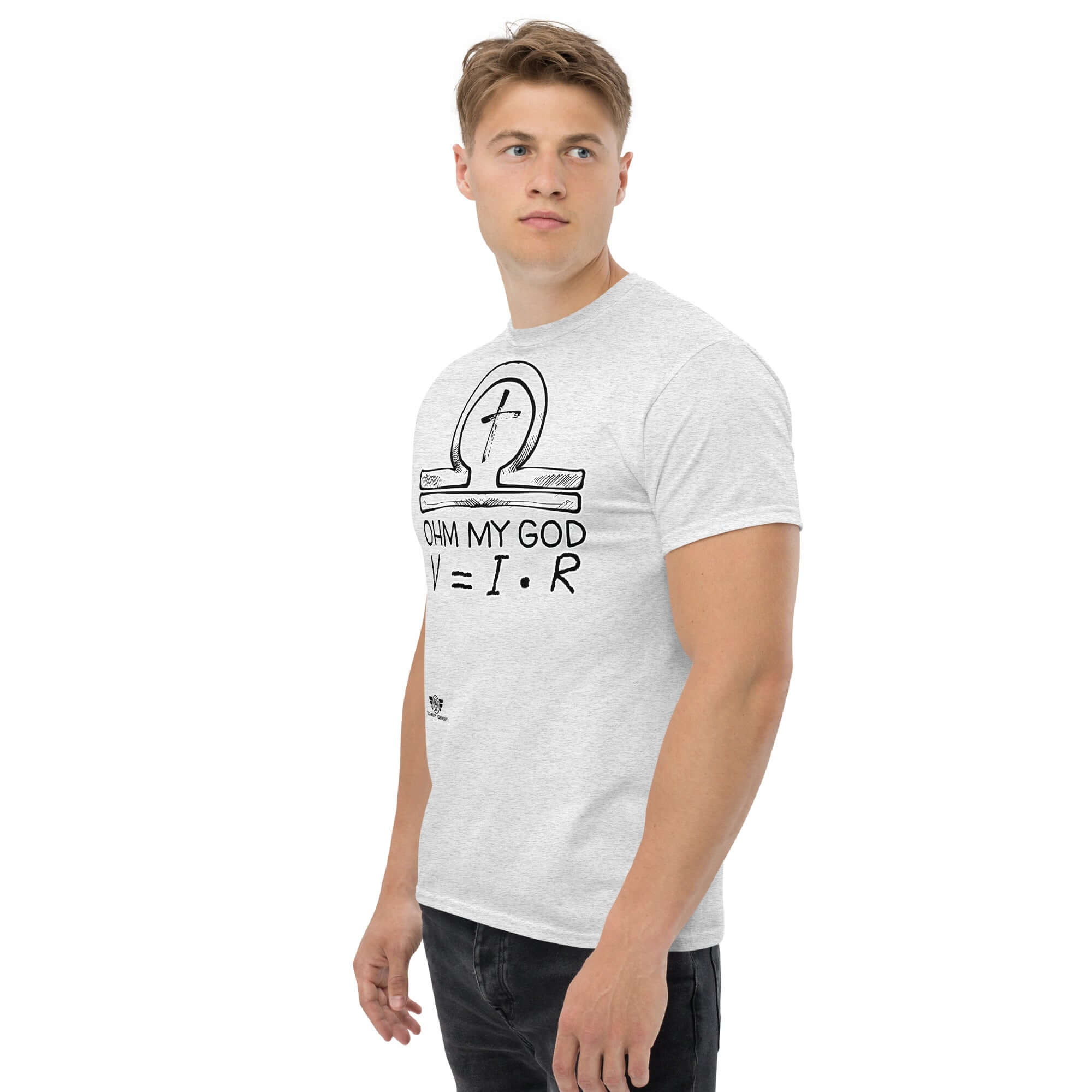 Model wearing "Ohm My God" t-shirt with ankh-omega symbol, blending physics and faith in humorous Ohm's Law design.