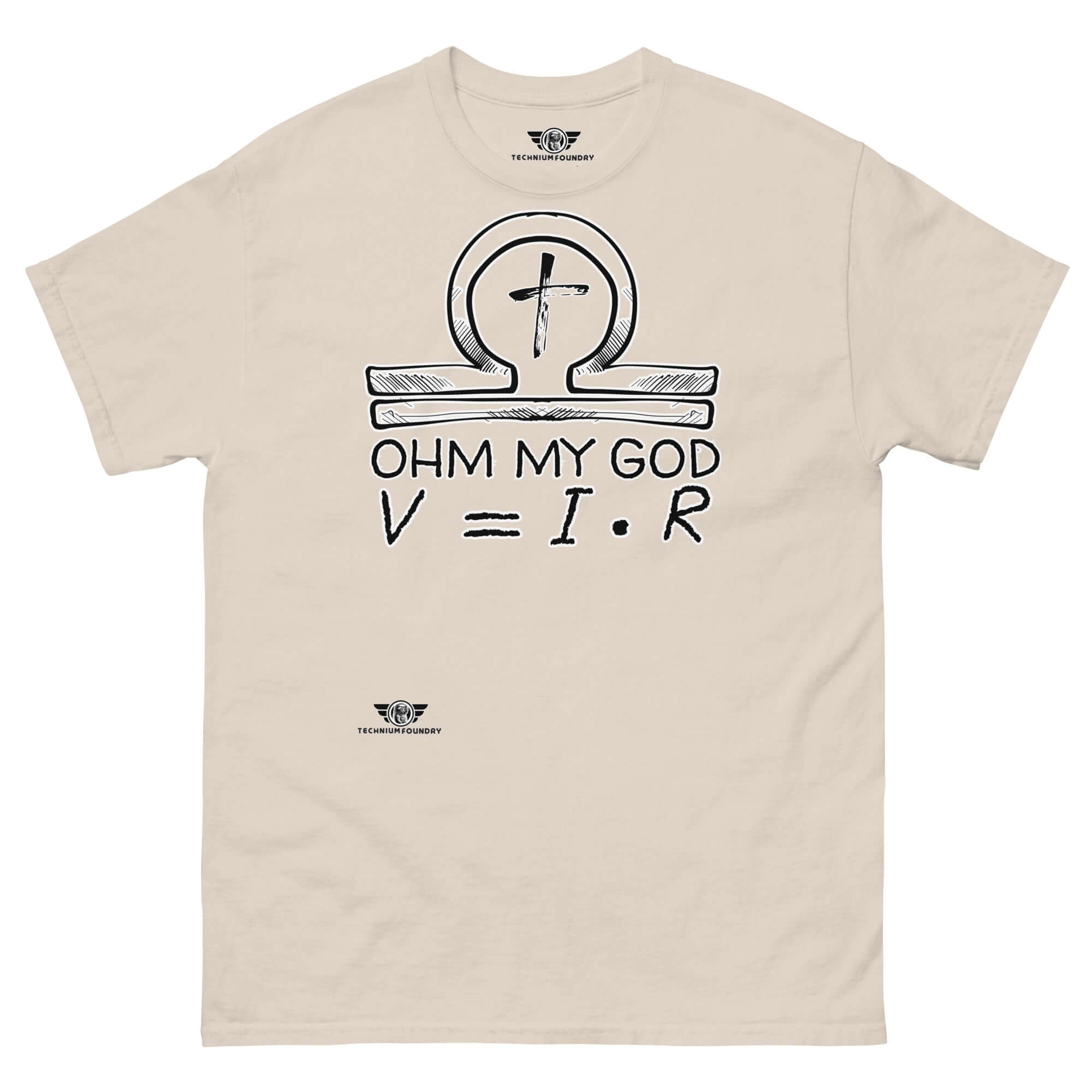 Ohm My God T-Shirt featuring Ohm's Law and religious humor with an omega symbol and V=IR equation. Chalkboard-style design on beige tee.