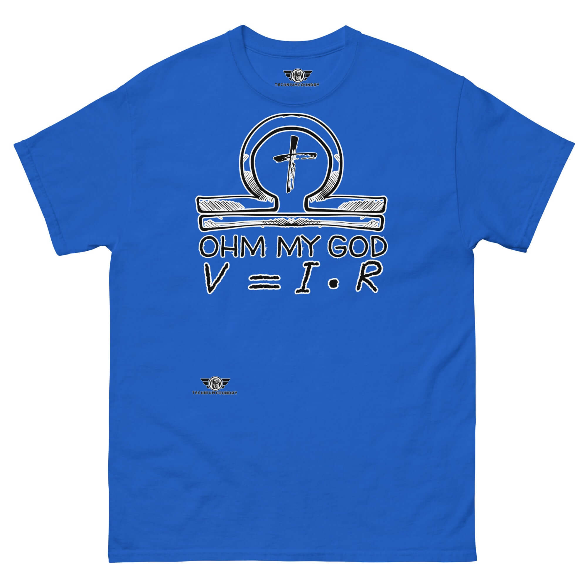 Blue t-shirt with "Ohm My God" featuring an omega symbol as a cross, blending Ohm's Law and religious humor.