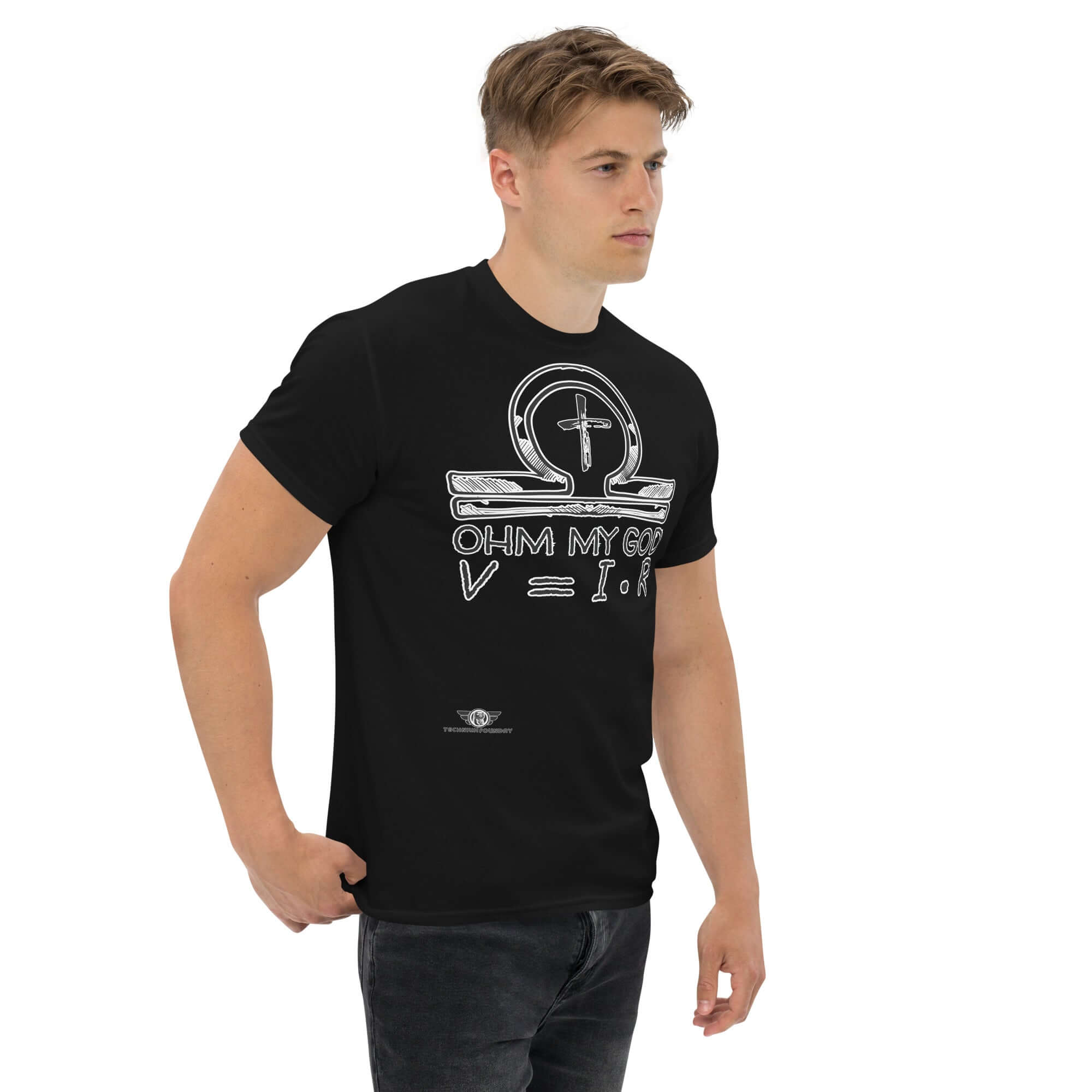 Man wearing "Ohm My God" T-shirt featuring Ohm's Law and religious symbols, merging physics with humor and faith on a black canvas.