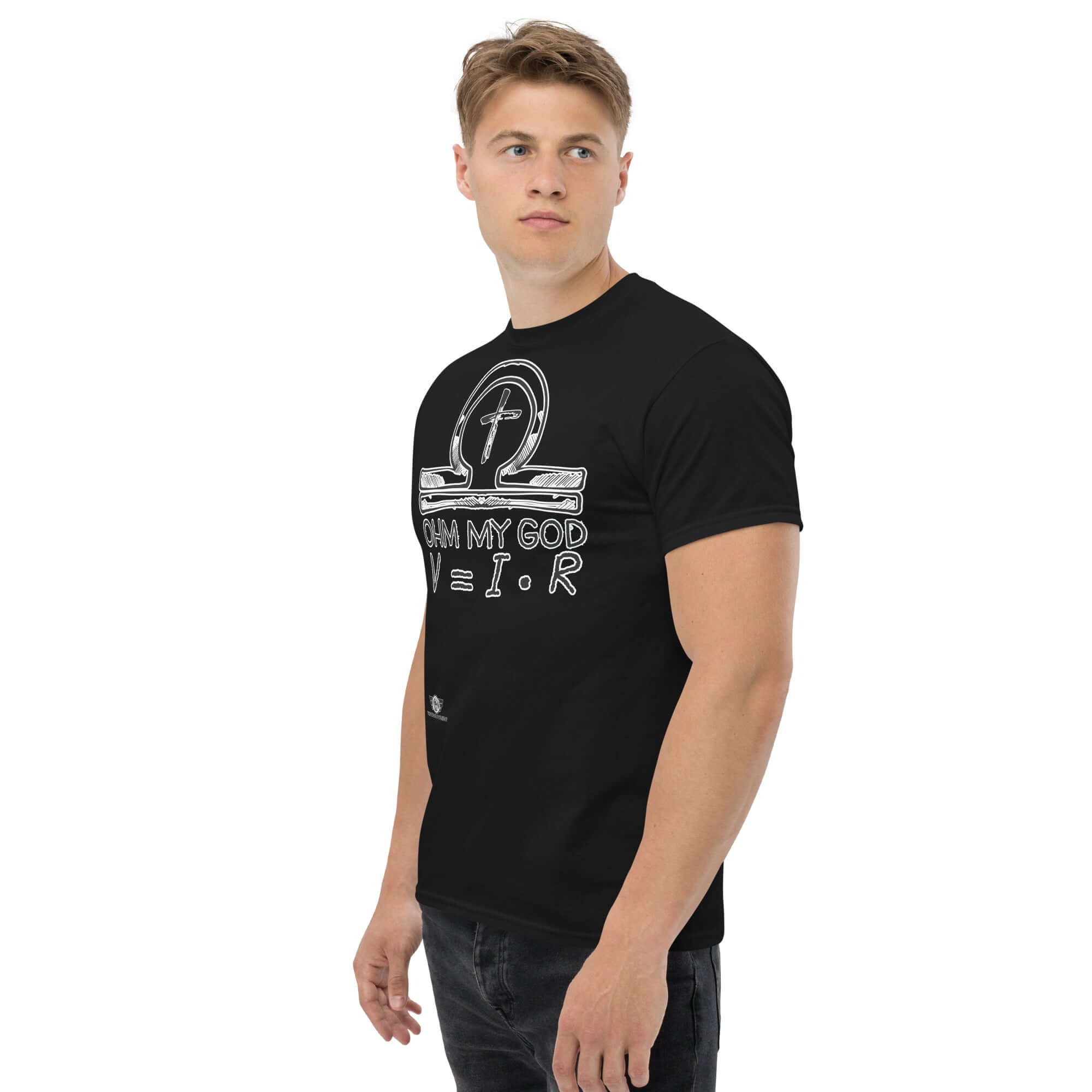 "Ohm My God" t-shirt featuring Ohm's Law and an omega symbol with Christian ankh, modeled by a man, blending physics and faith humor.