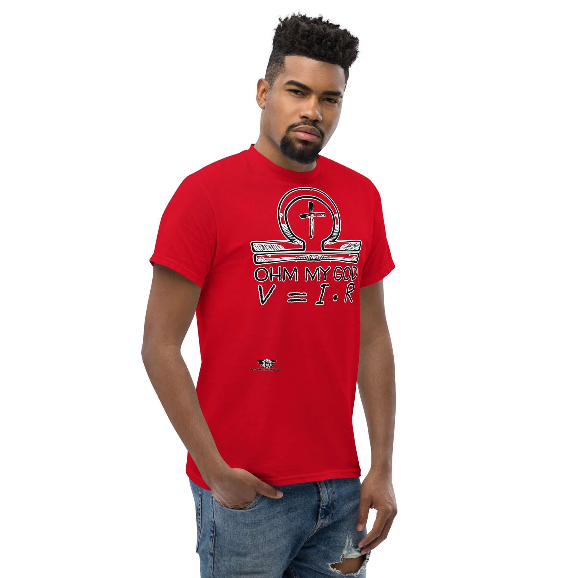 Man wearing "Ohm My God" physics and faith humor t-shirt, red with Ohm's Law and ankh-omega symbol design.