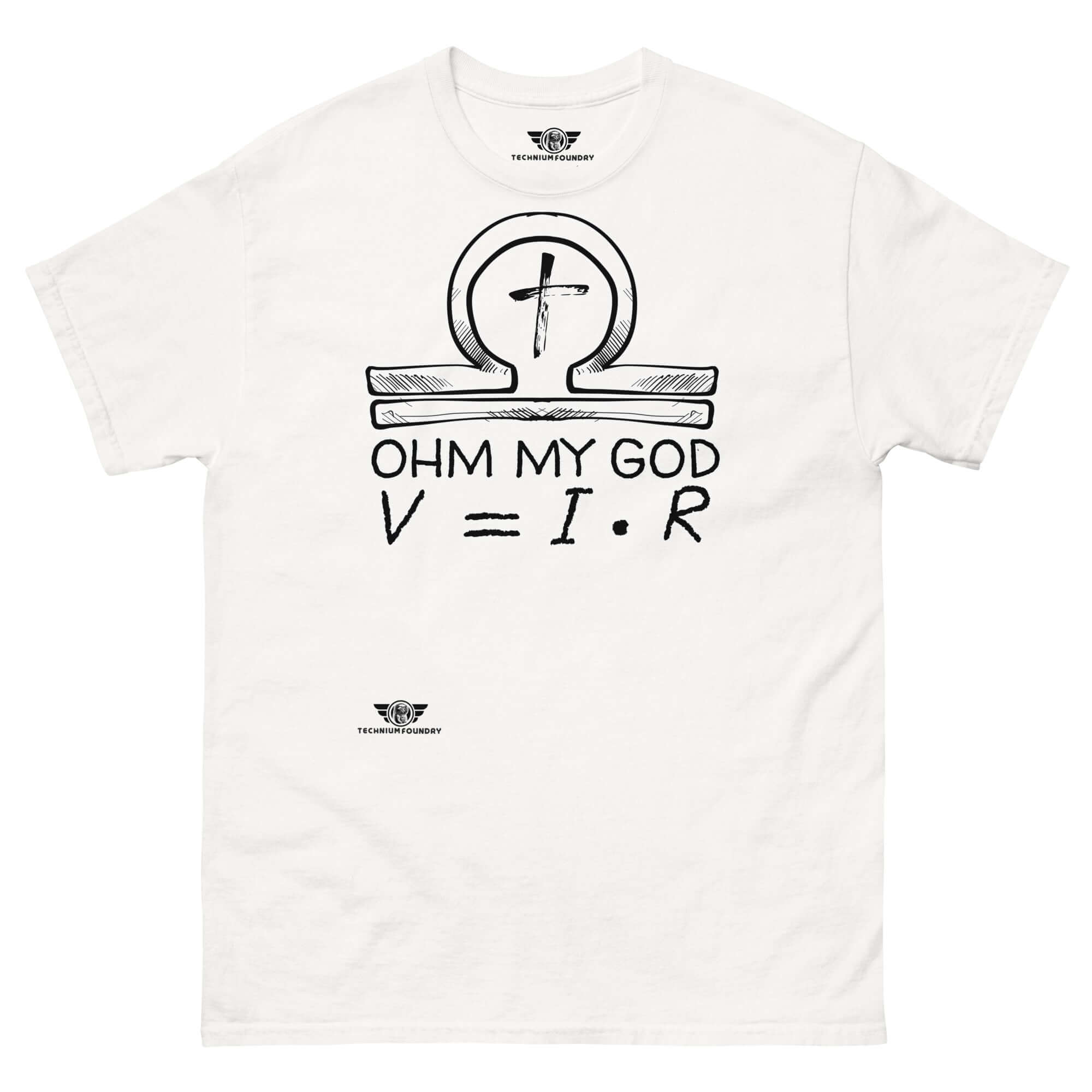 White "Ohm My God" T-shirt featuring Ohm's Law and an omega symbol with a Christian cross, blending physics with religious humor.