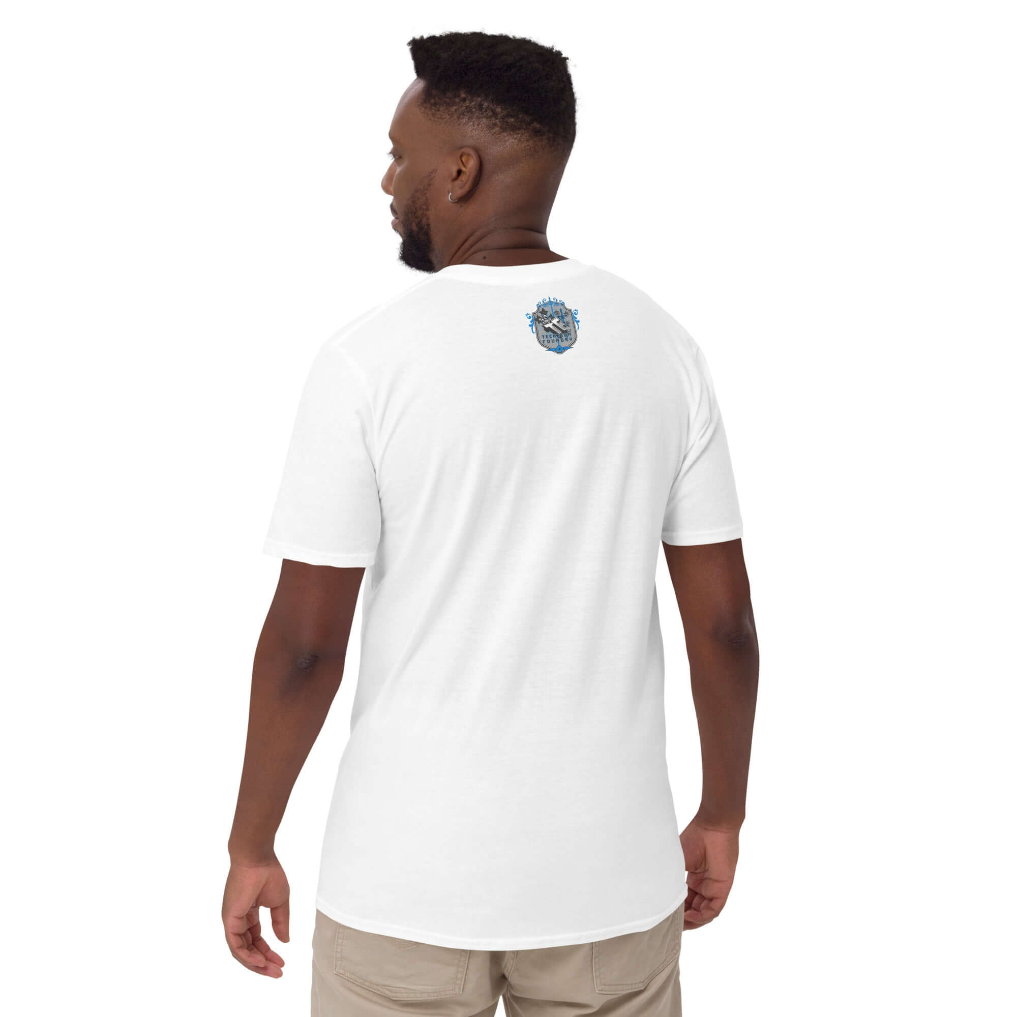 Person wearing Oncology Outlaws Motorcycle Club T-Shirt, featuring a small emblem on the back, symbolizing cancer fighter spirit.