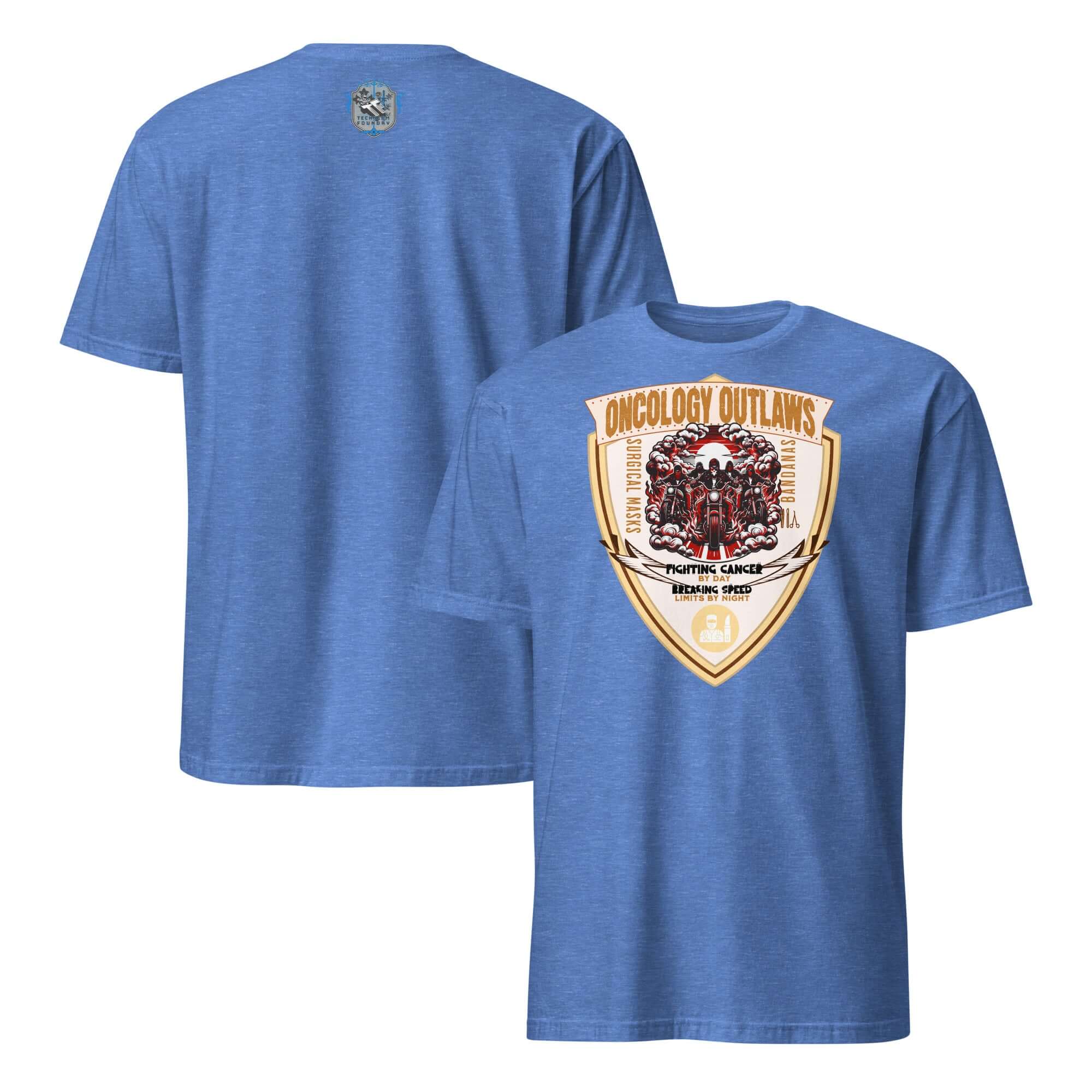 Oncology Outlaws Motorcycle Club T-Shirt with cancer fighter biker emblem on blue fabric, showcasing shield insignia and riders.