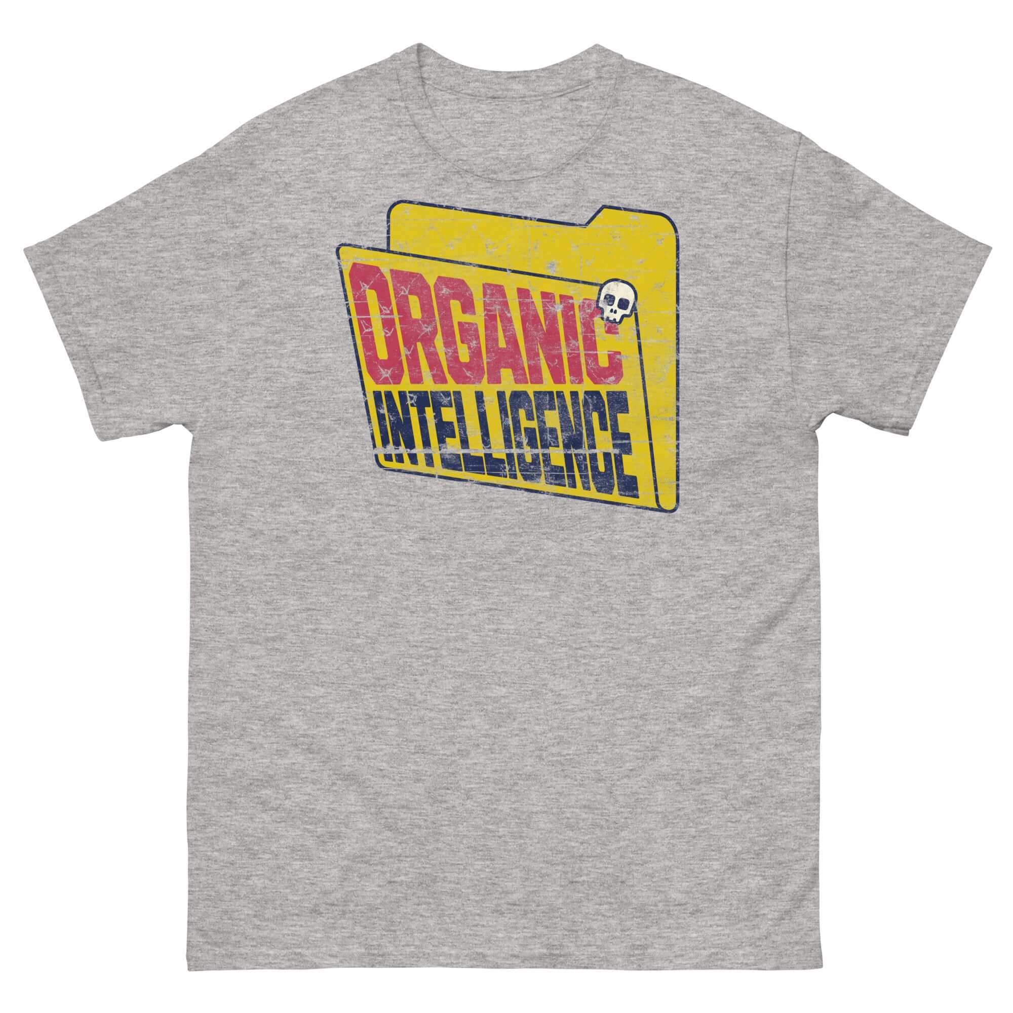Organic Intelligence Computer File T-Shirt with anti-AI humor design, featuring a weathered folder icon and skull graphic.