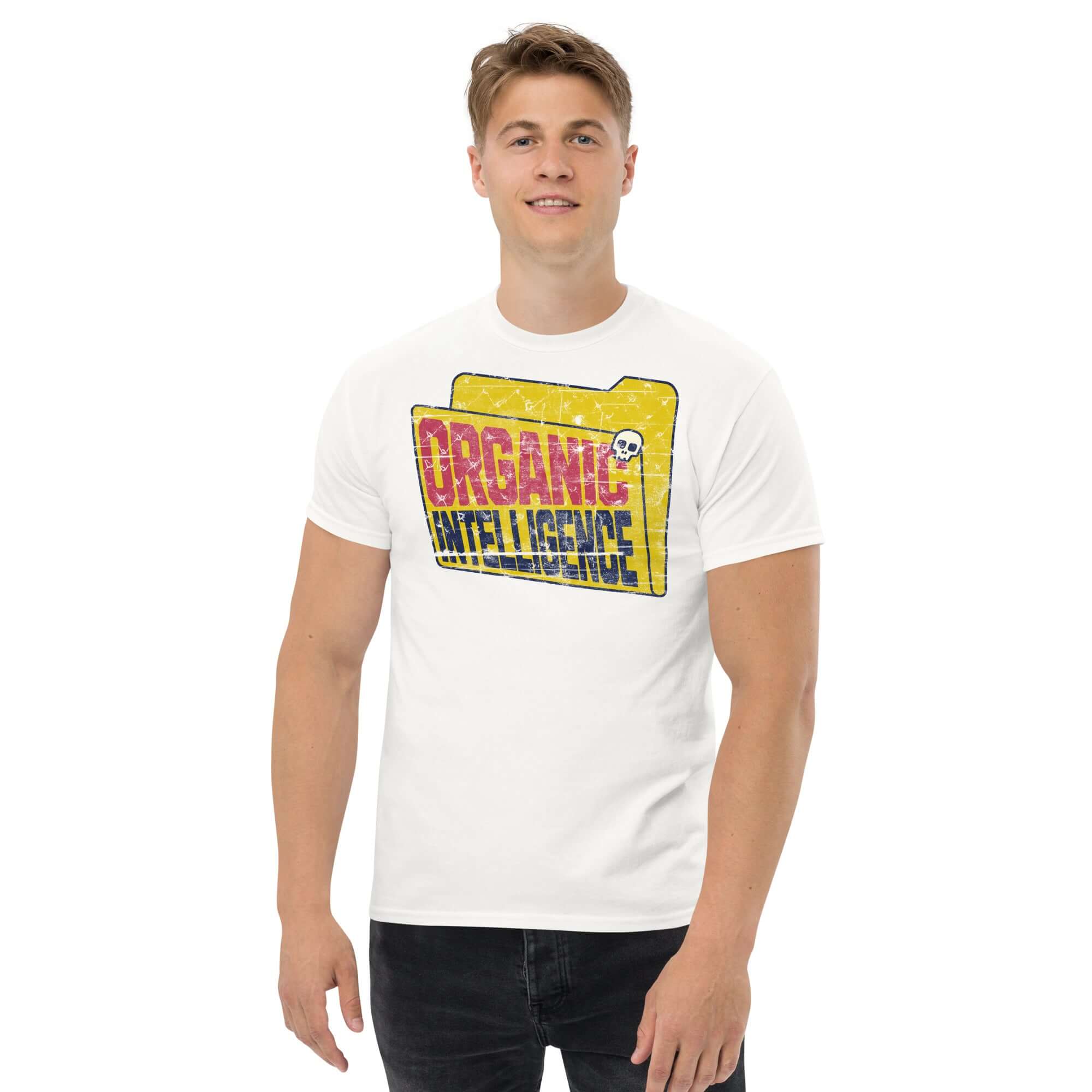 Man wearing Organic Intelligence T-Shirt featuring anti-AI humor with a weathered computer file graphic, tech rebellion apparel.